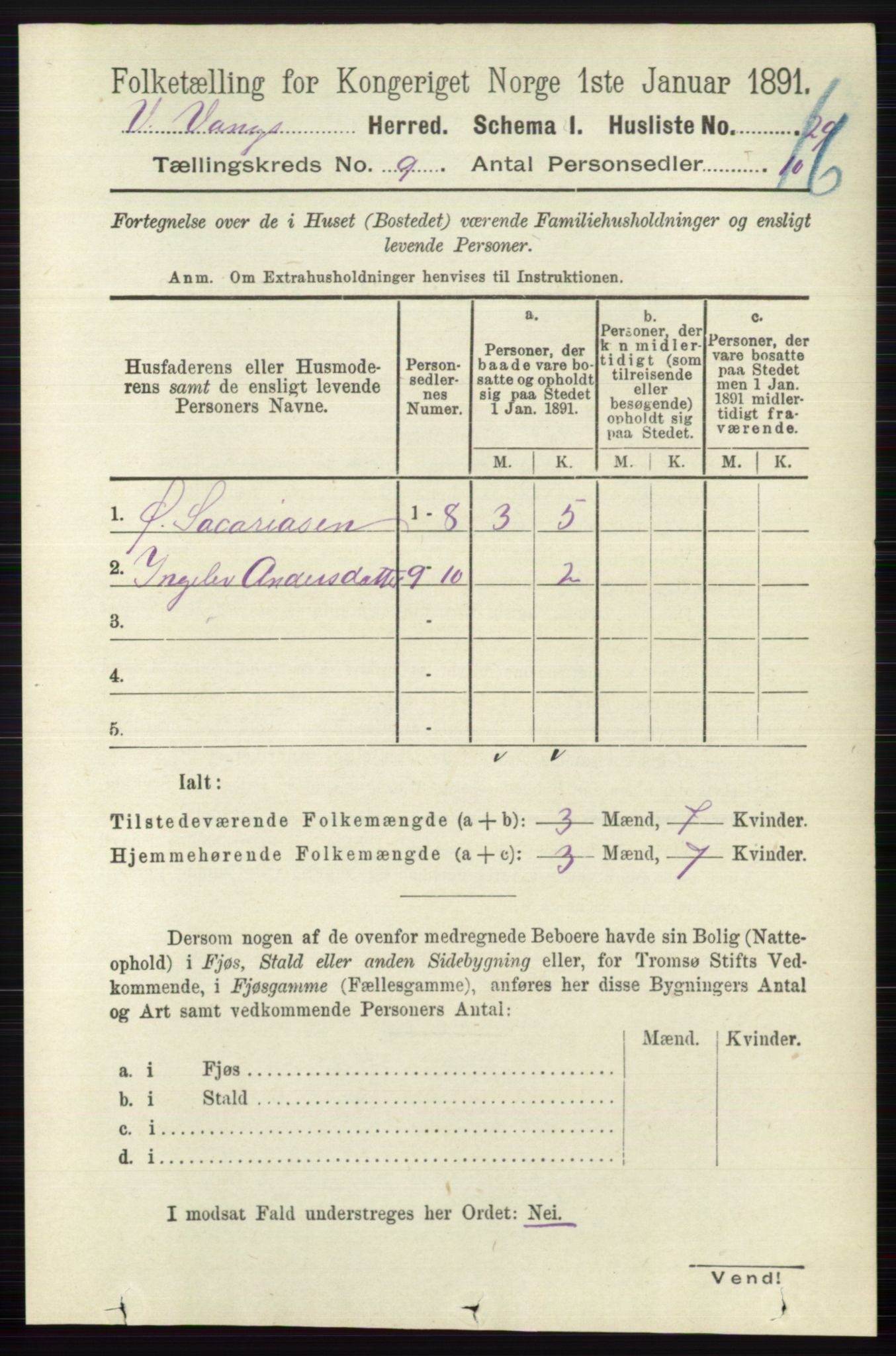 RA, 1891 census for 0545 Vang, 1891, p. 1952