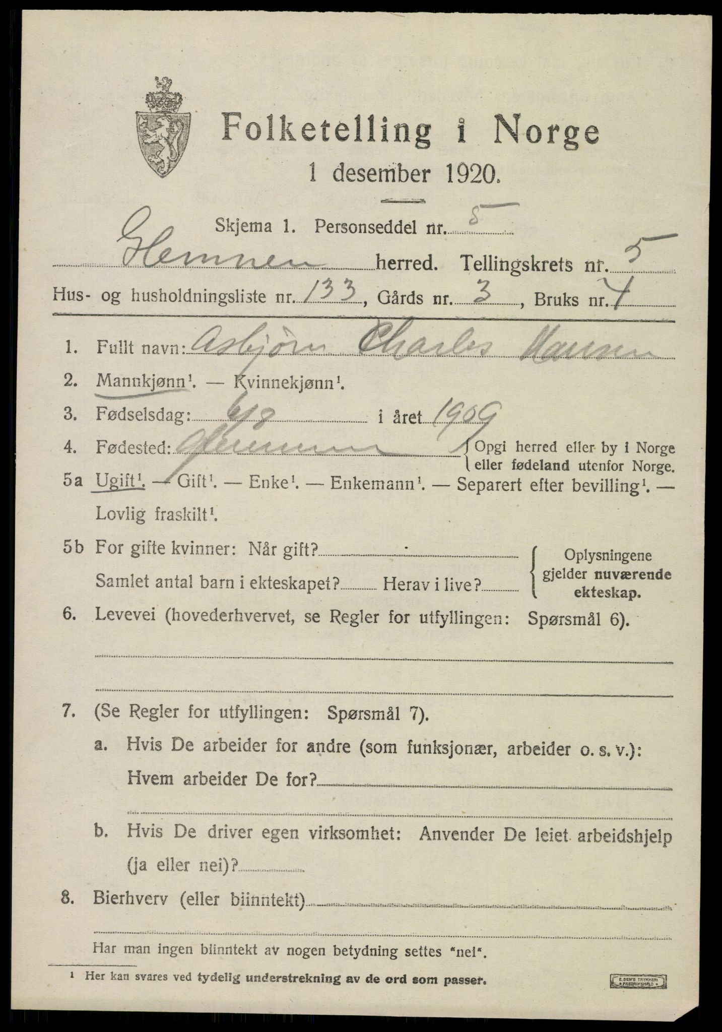 SAO, 1920 census for Glemmen, 1920, p. 18541