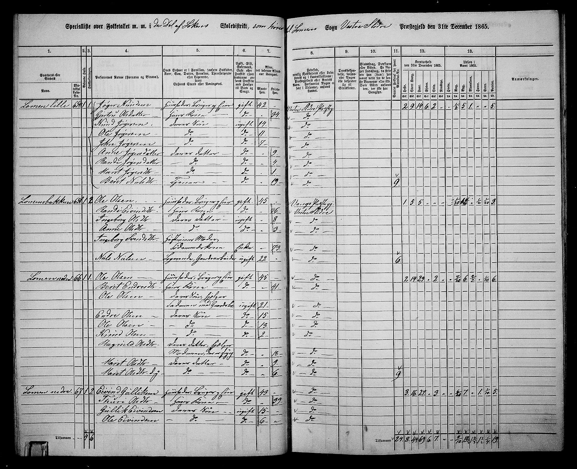 RA, 1865 census for Vestre Slidre, 1865, p. 44