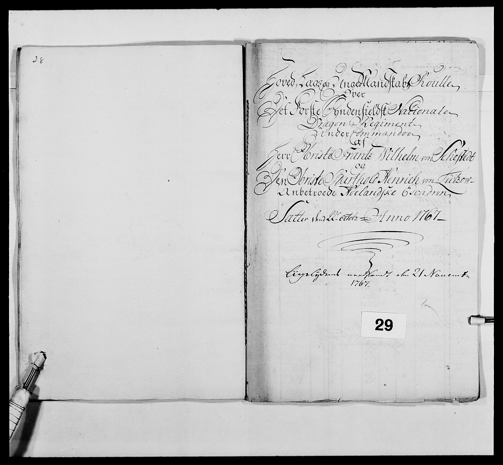 Kommanderende general (KG I) med Det norske krigsdirektorium, AV/RA-EA-5419/E/Ea/L0476: 1. Sønnafjelske dragonregiment, 1765-1767, p. 585