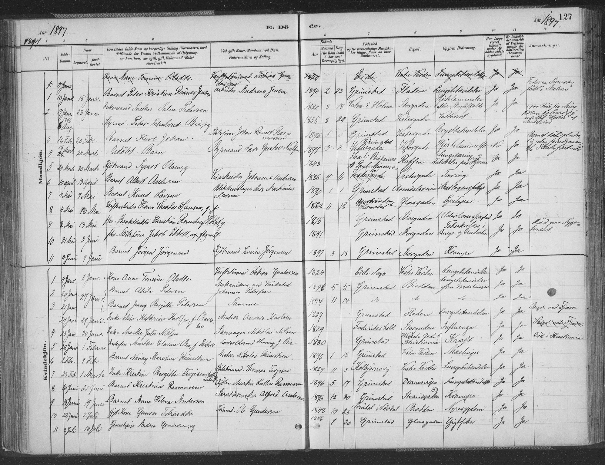 Grimstad sokneprestkontor, SAK/1111-0017/F/Fa/L0004: Parish register (official) no. A 3, 1882-1910, p. 127