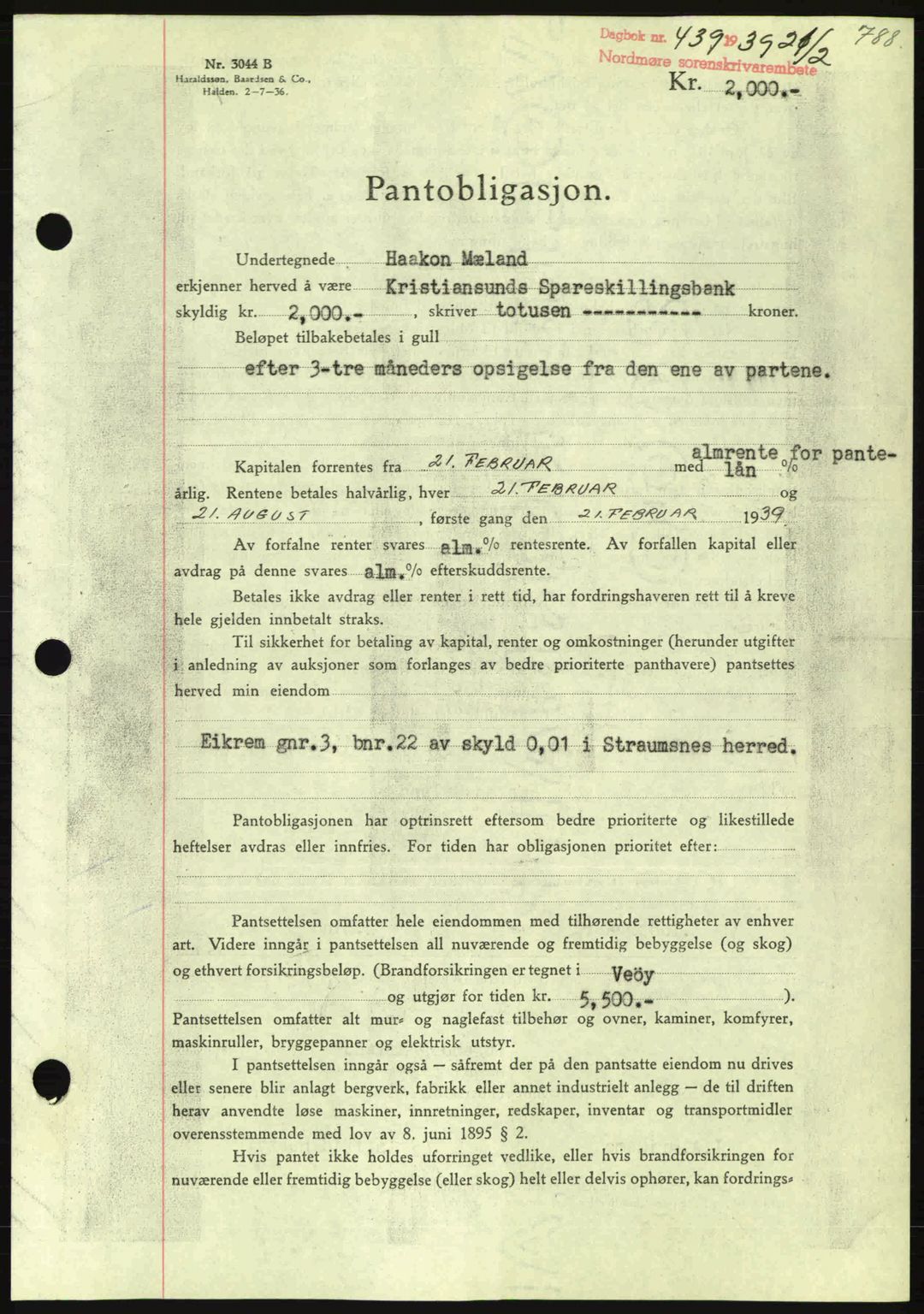 Nordmøre sorenskriveri, SAT/A-4132/1/2/2Ca: Mortgage book no. B84, 1938-1939, Diary no: : 439/1939