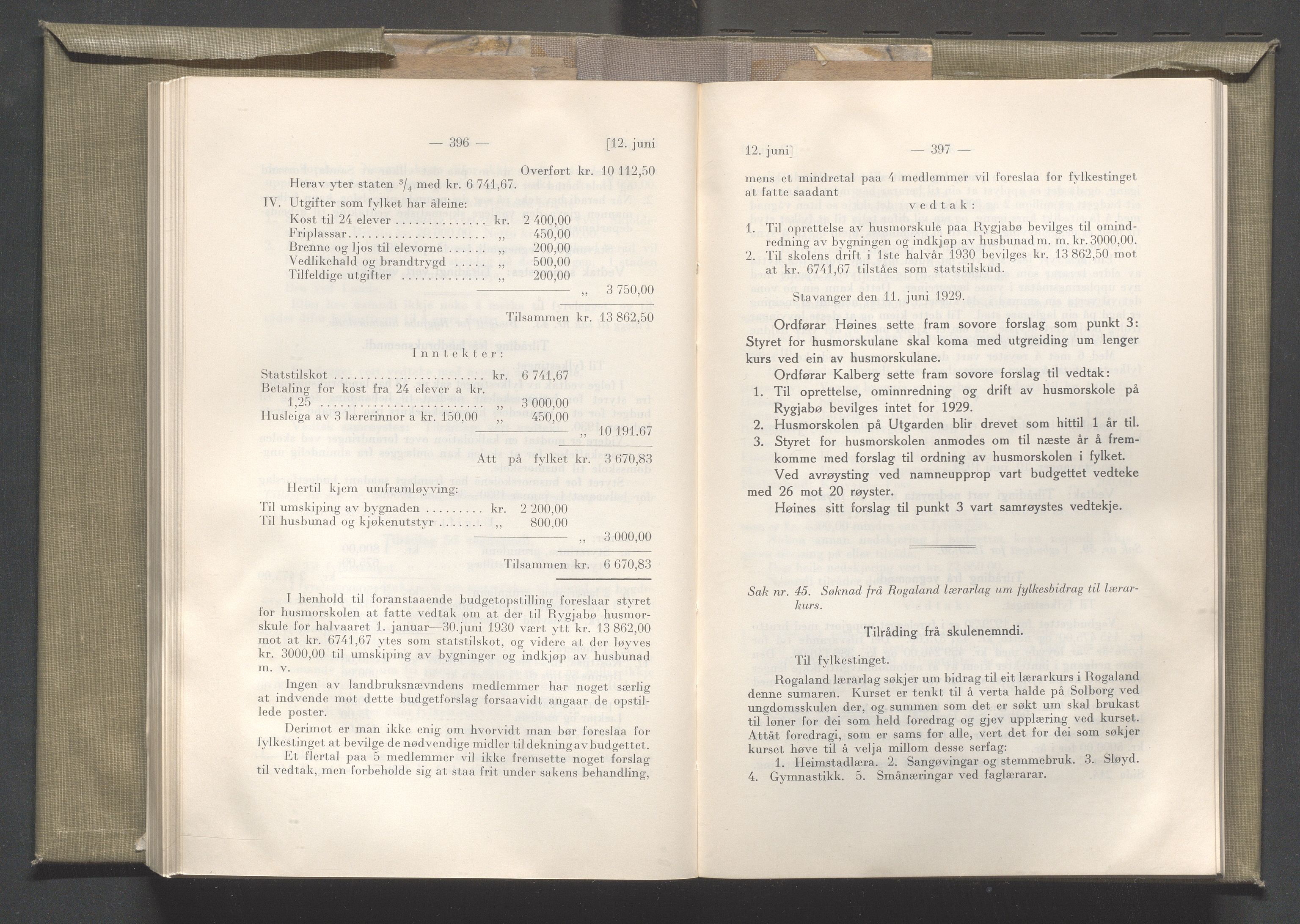 Rogaland fylkeskommune - Fylkesrådmannen , IKAR/A-900/A/Aa/Aaa/L0048: Møtebok , 1929, p. 396-397