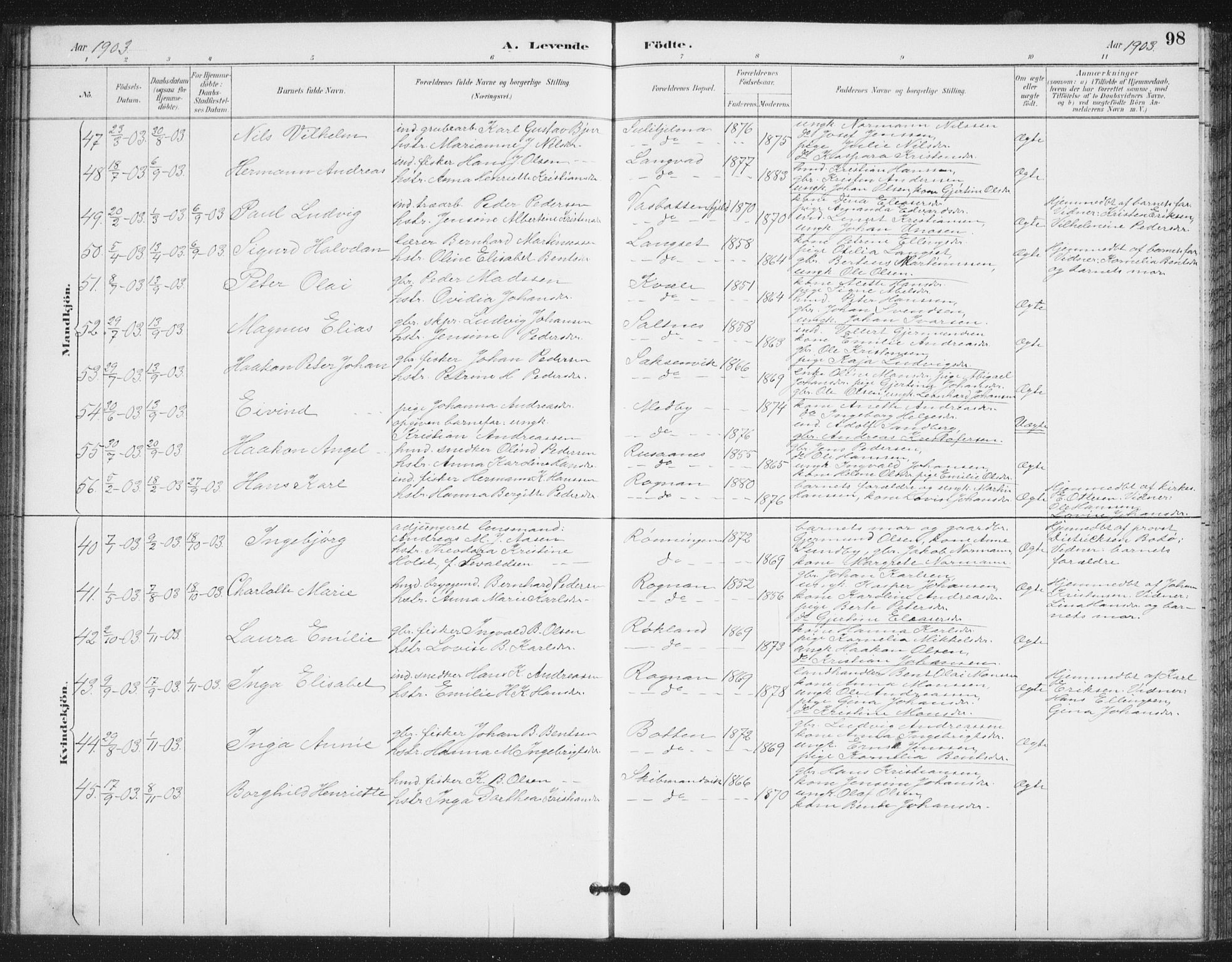 Ministerialprotokoller, klokkerbøker og fødselsregistre - Nordland, AV/SAT-A-1459/847/L0682: Parish register (copy) no. 847C10, 1889-1907, p. 98