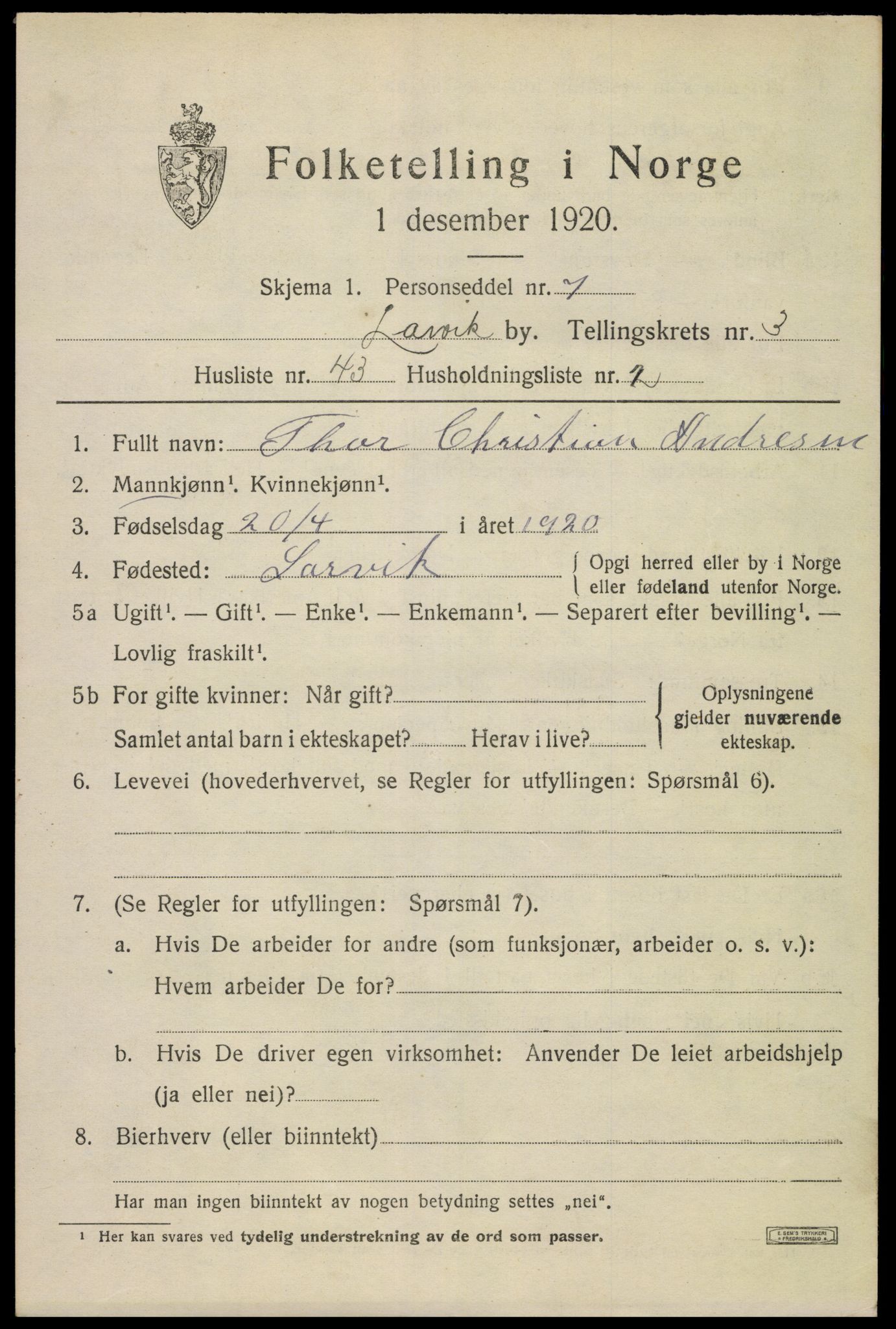 SAKO, 1920 census for Larvik, 1920, p. 13016