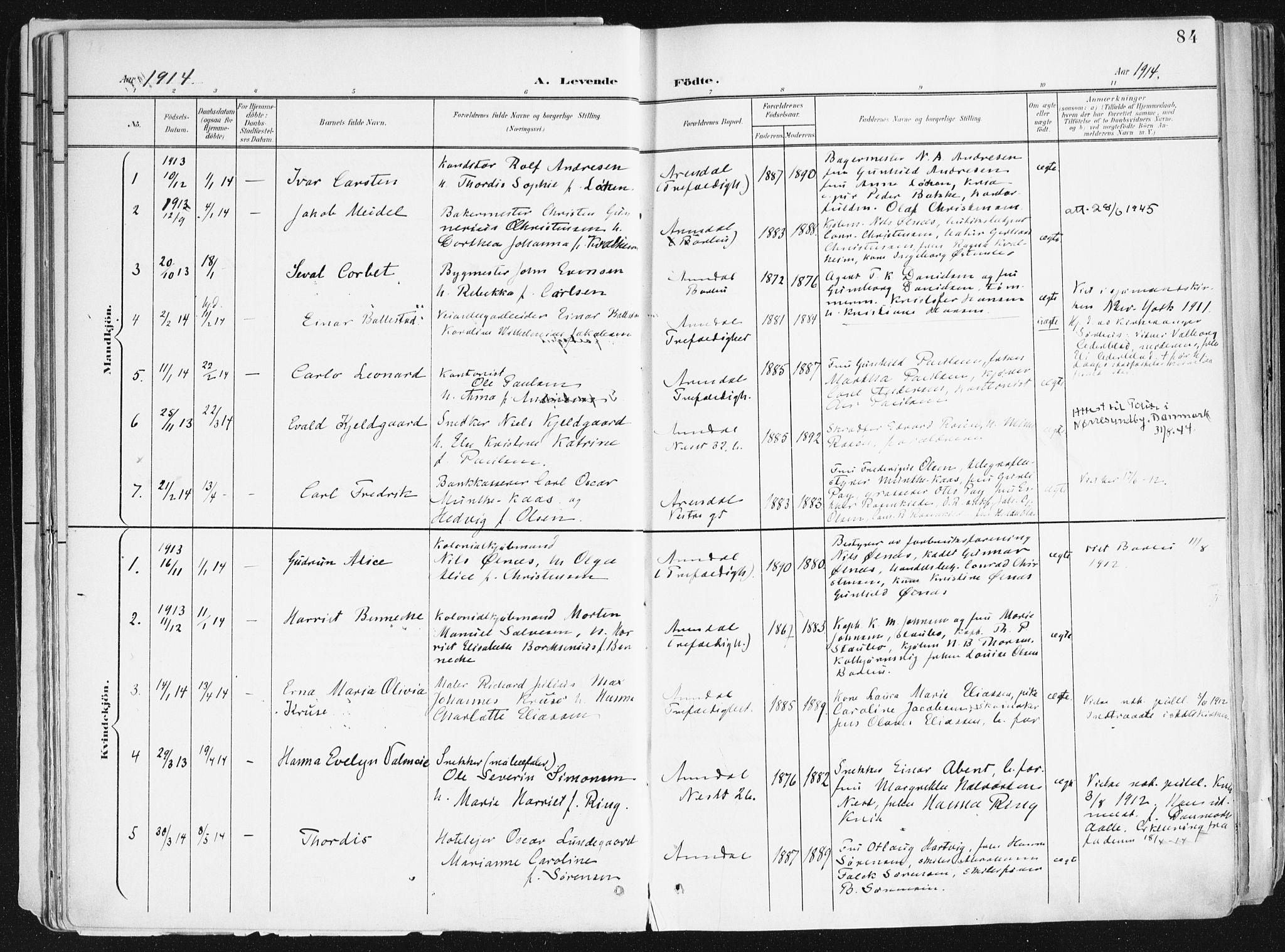 Arendal sokneprestkontor, Trefoldighet, SAK/1111-0040/F/Fa/L0010: Parish register (official) no. A 10, 1900-1919, p. 84