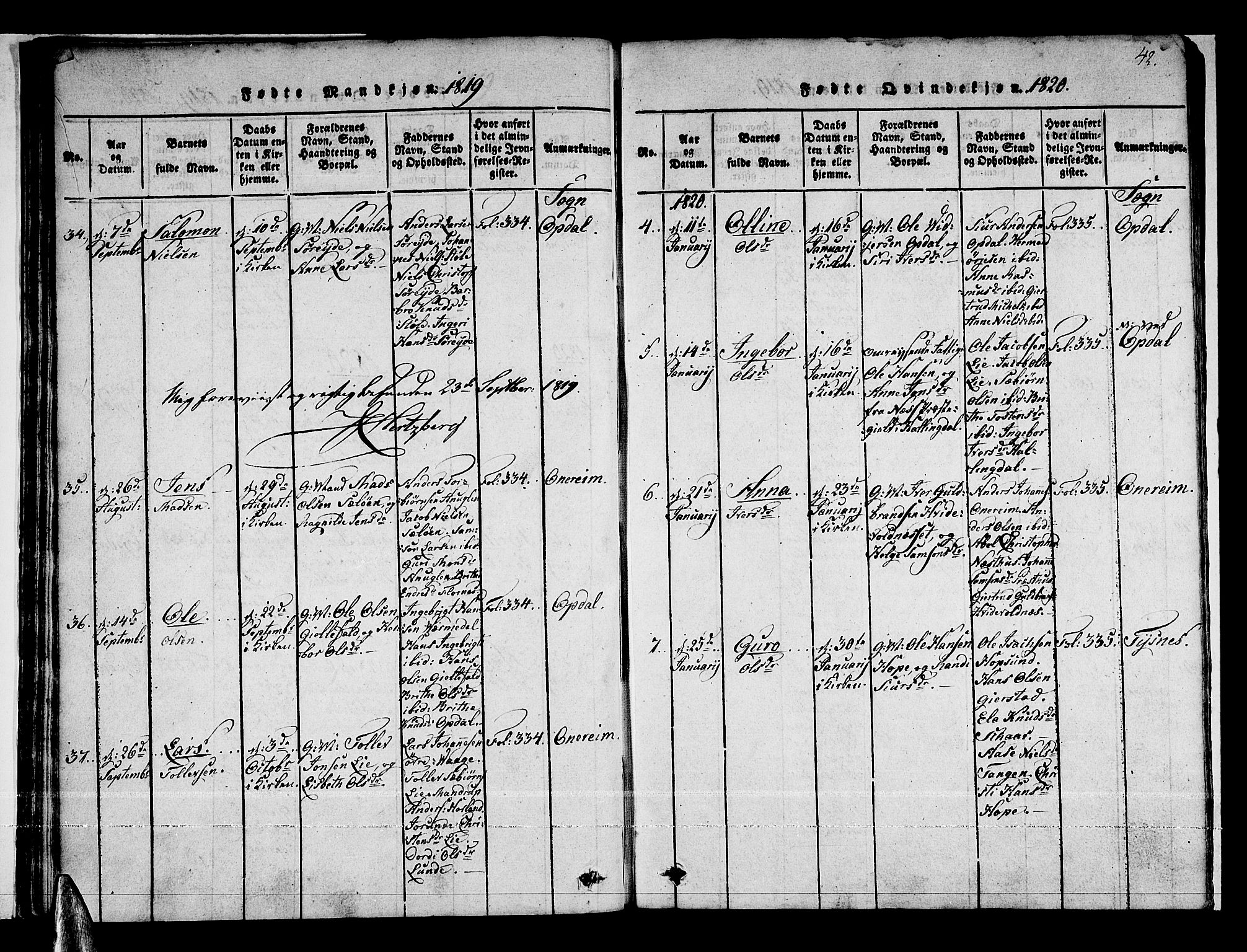 Tysnes sokneprestembete, AV/SAB-A-78601/H/Haa: Parish register (official) no. A 7, 1816-1826, p. 42