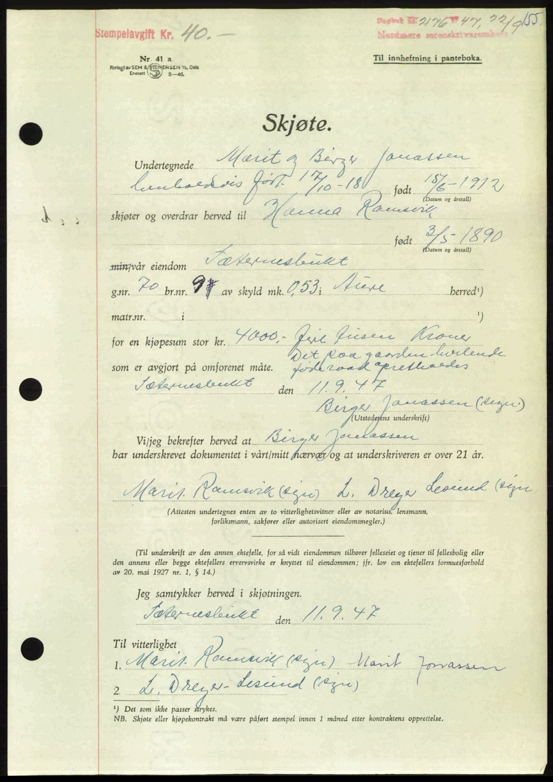 Nordmøre sorenskriveri, AV/SAT-A-4132/1/2/2Ca: Mortgage book no. A106, 1947-1947, Diary no: : 2176/1947