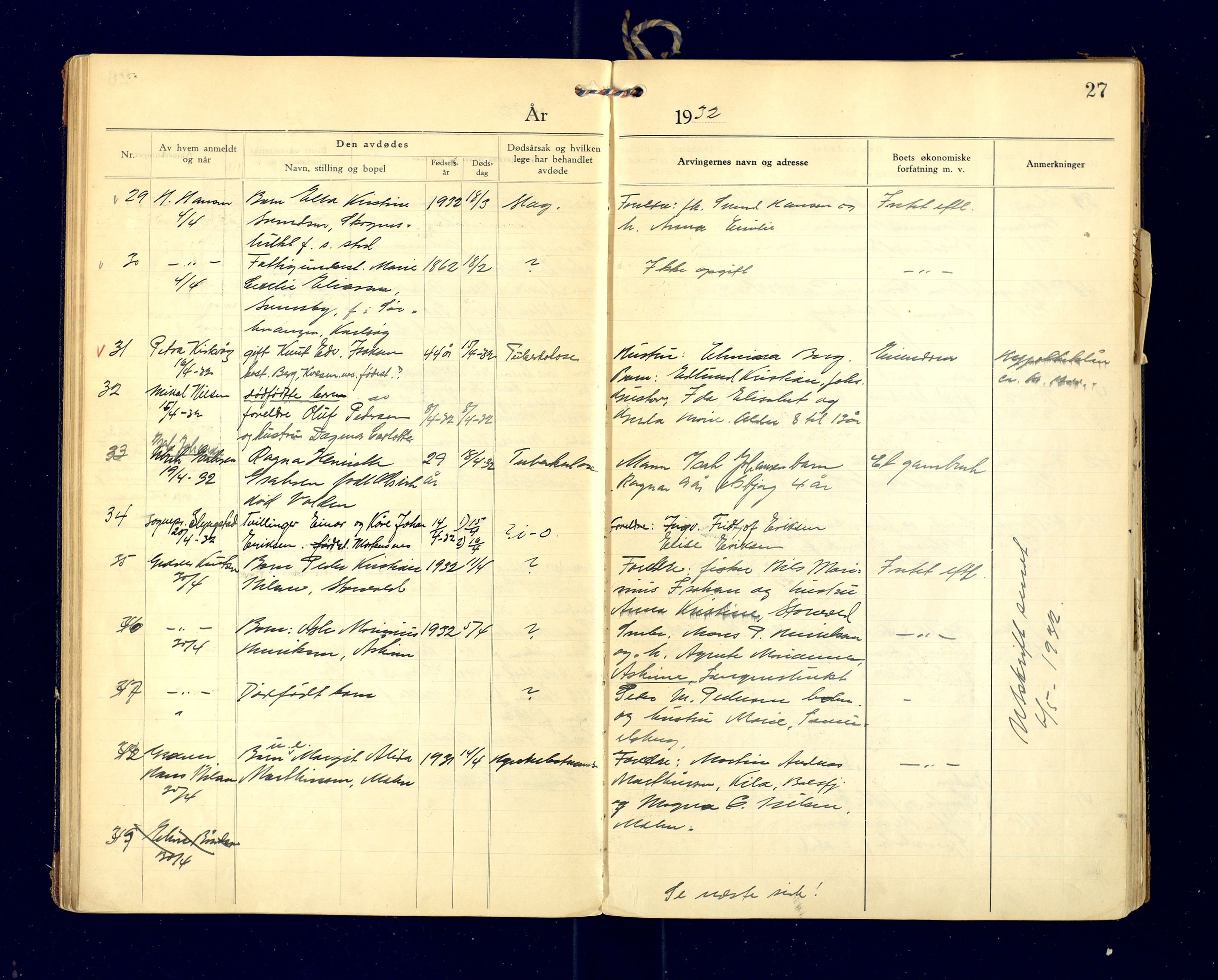 Lyngen lensmannskontor, AV/SATØ-SATO-99/F/Fg/Fga/L0086: Dødsfallsprotokoll for Lyngen lensmannsdistrikt, 1929-1935, p. 27