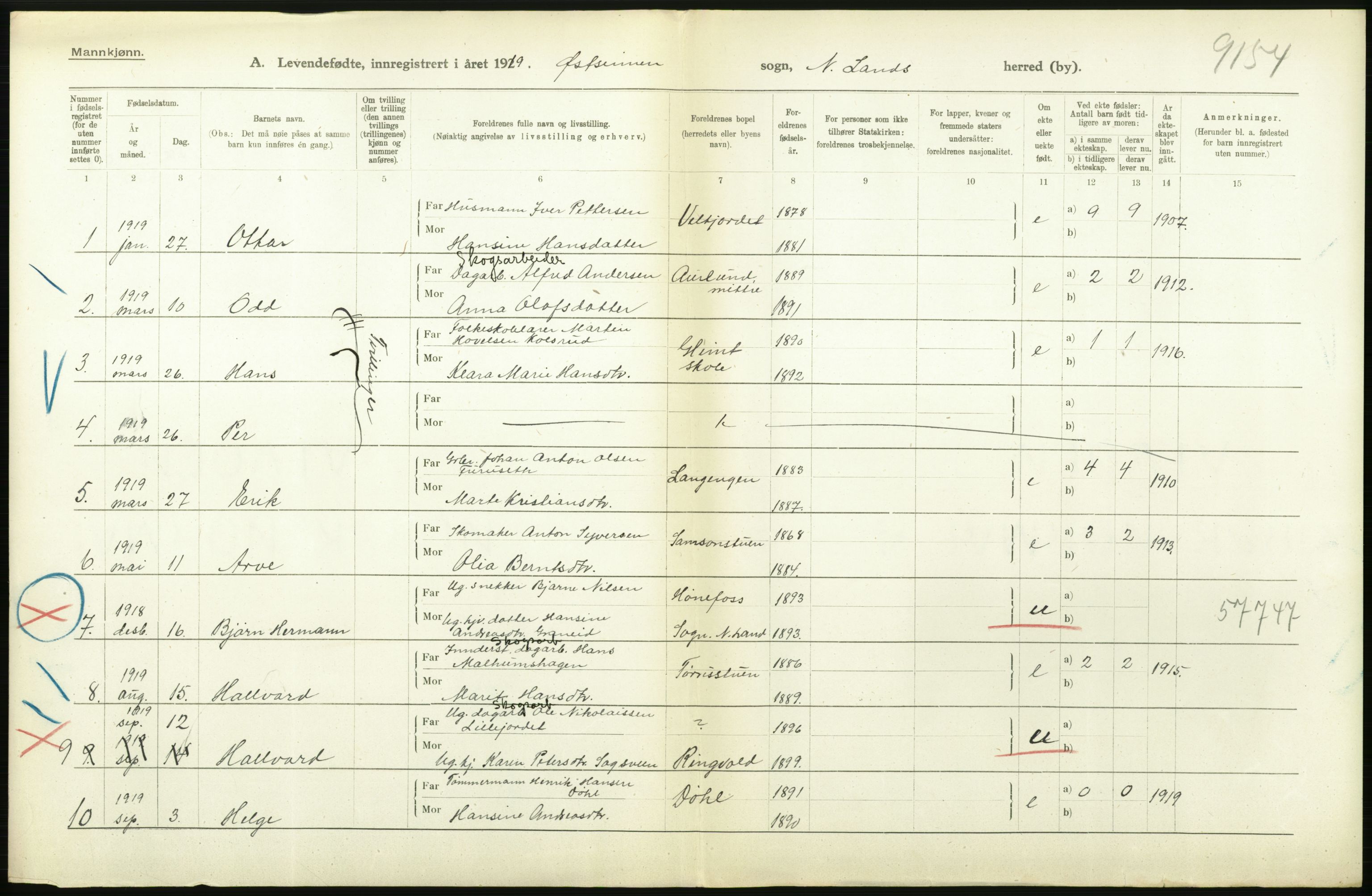 Statistisk sentralbyrå, Sosiodemografiske emner, Befolkning, RA/S-2228/D/Df/Dfb/Dfbi/L0014: Oppland fylke: Levendefødte menn og kvinner. Bygder og byer., 1919, p. 76