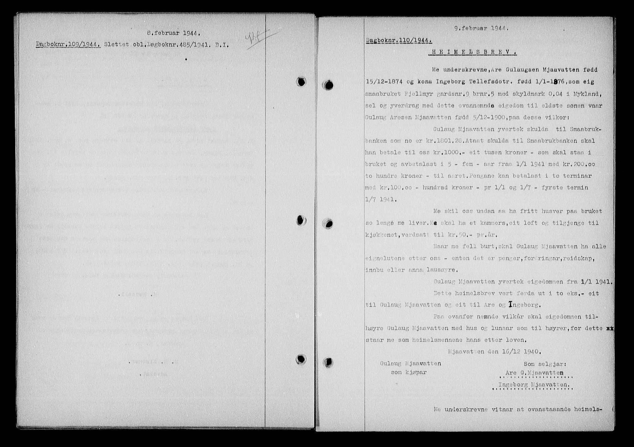 Nedenes sorenskriveri, SAK/1221-0006/G/Gb/Gba/L0051: Mortgage book no. A-V, 1943-1944, Diary no: : 110/1944