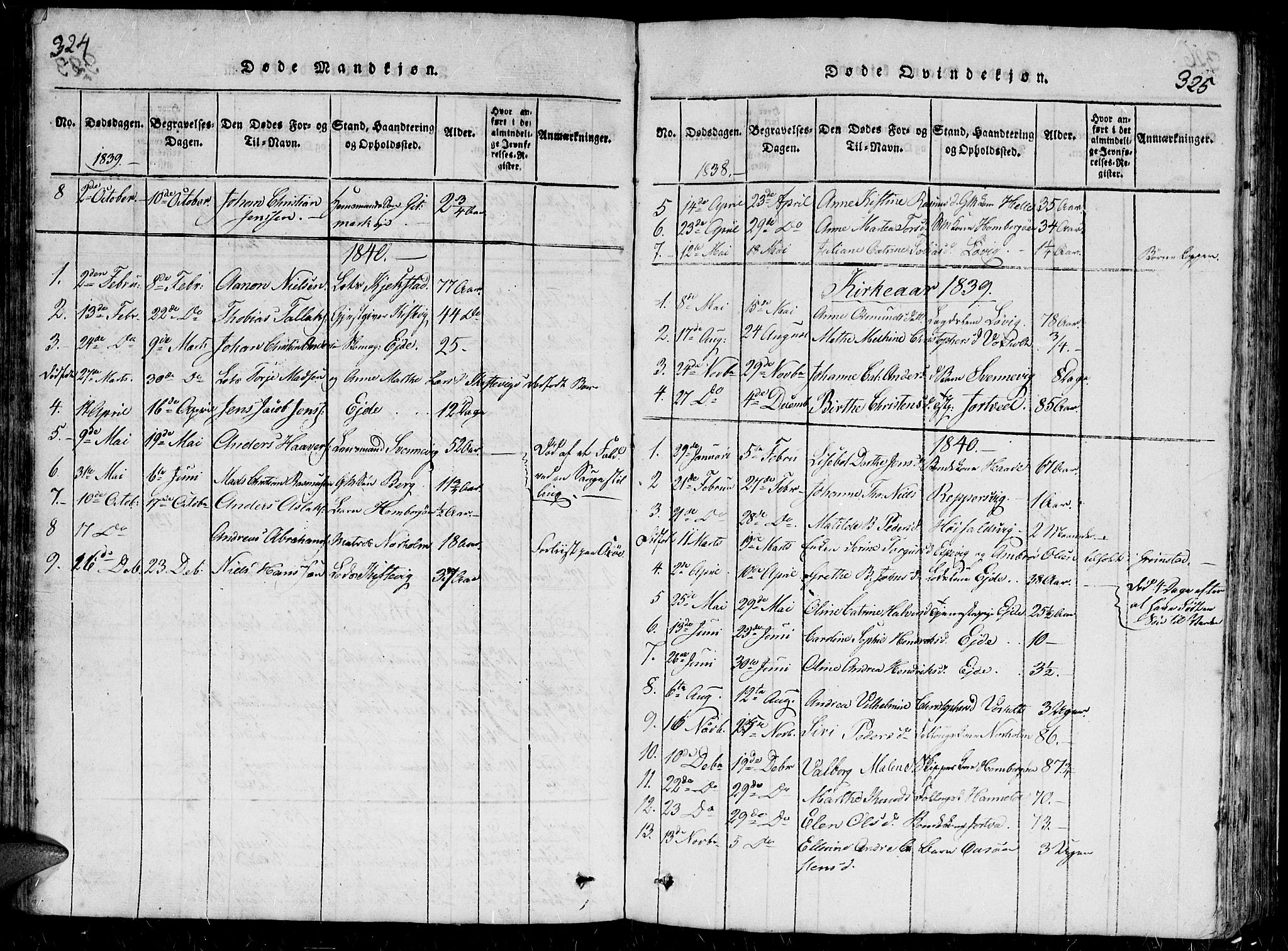 Hommedal sokneprestkontor, AV/SAK-1111-0023/F/Fb/Fbb/L0003: Parish register (copy) no. B 3 /2, 1816-1850, p. 324-325