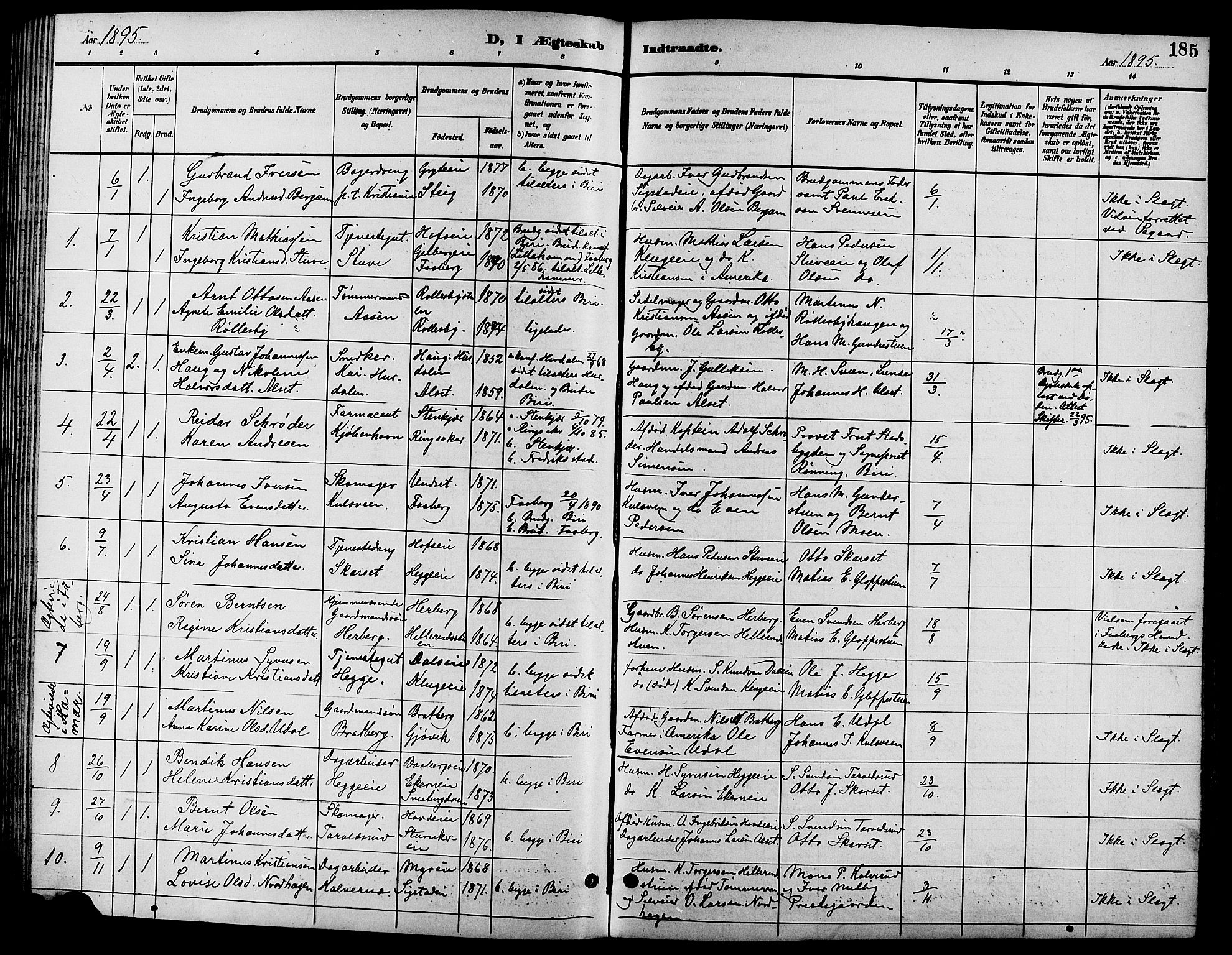 Biri prestekontor, SAH/PREST-096/H/Ha/Hab/L0004: Parish register (copy) no. 4, 1892-1909, p. 185