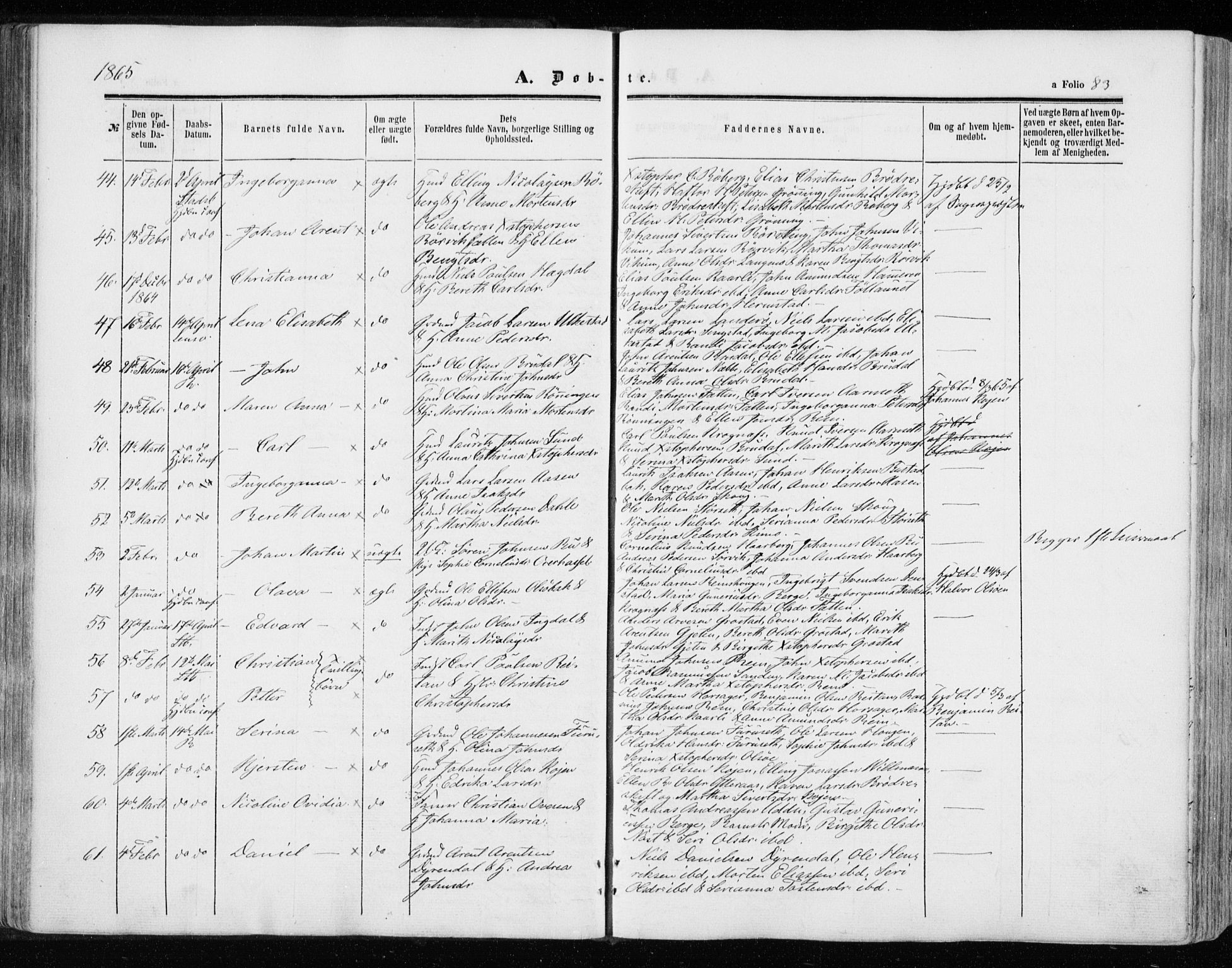 Ministerialprotokoller, klokkerbøker og fødselsregistre - Sør-Trøndelag, SAT/A-1456/646/L0612: Parish register (official) no. 646A10, 1858-1869, p. 83