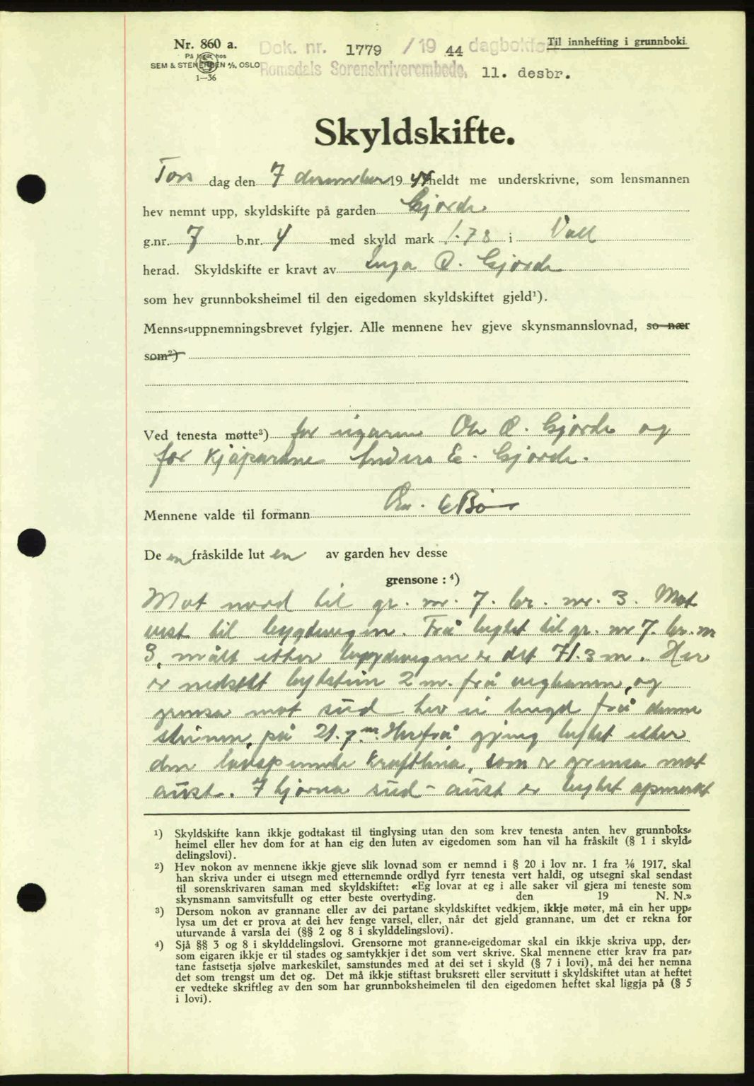 Romsdal sorenskriveri, AV/SAT-A-4149/1/2/2C: Mortgage book no. A17, 1944-1945, Diary no: : 1779/1944