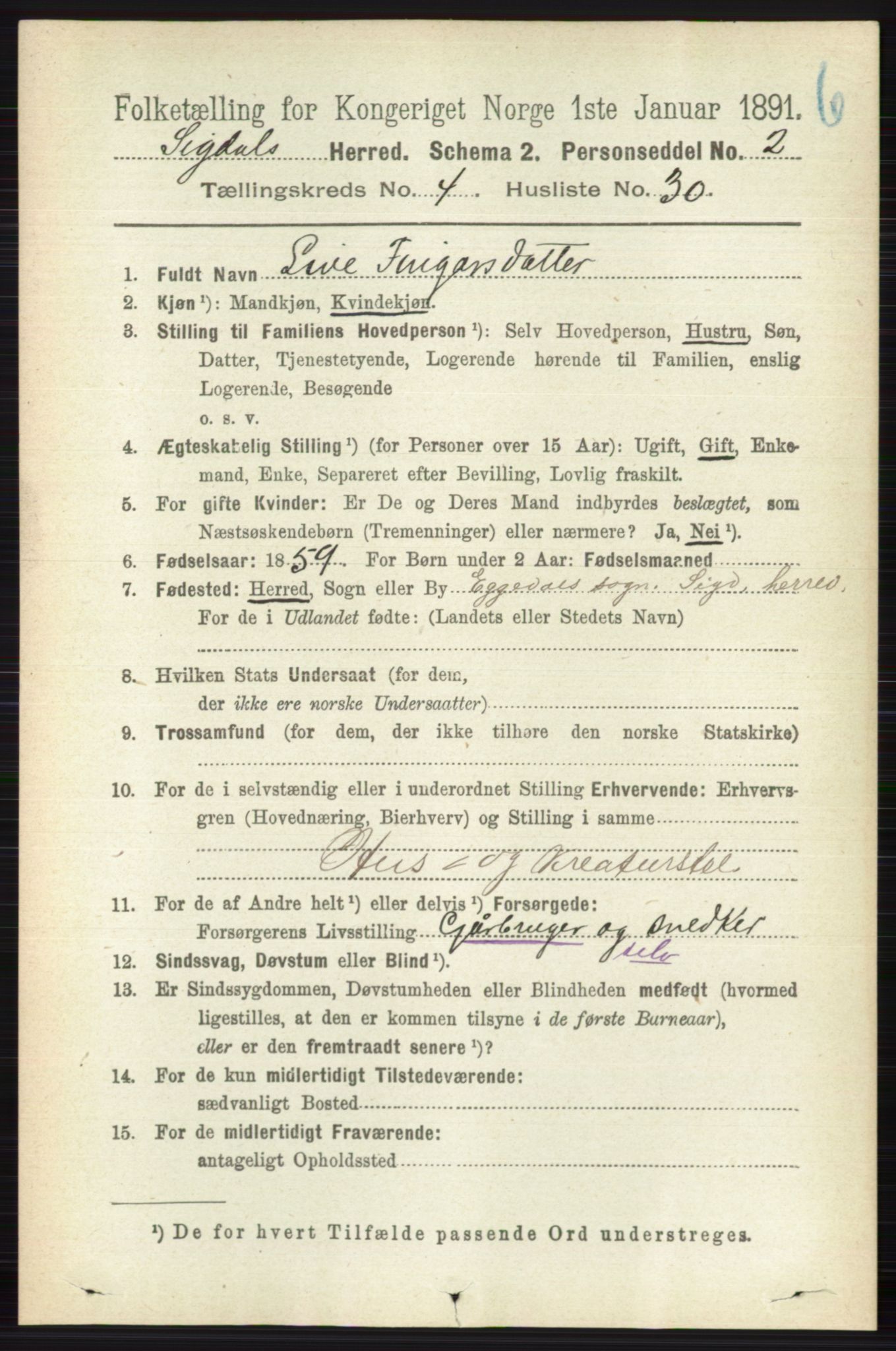 RA, 1891 census for 0621 Sigdal, 1891, p. 4862