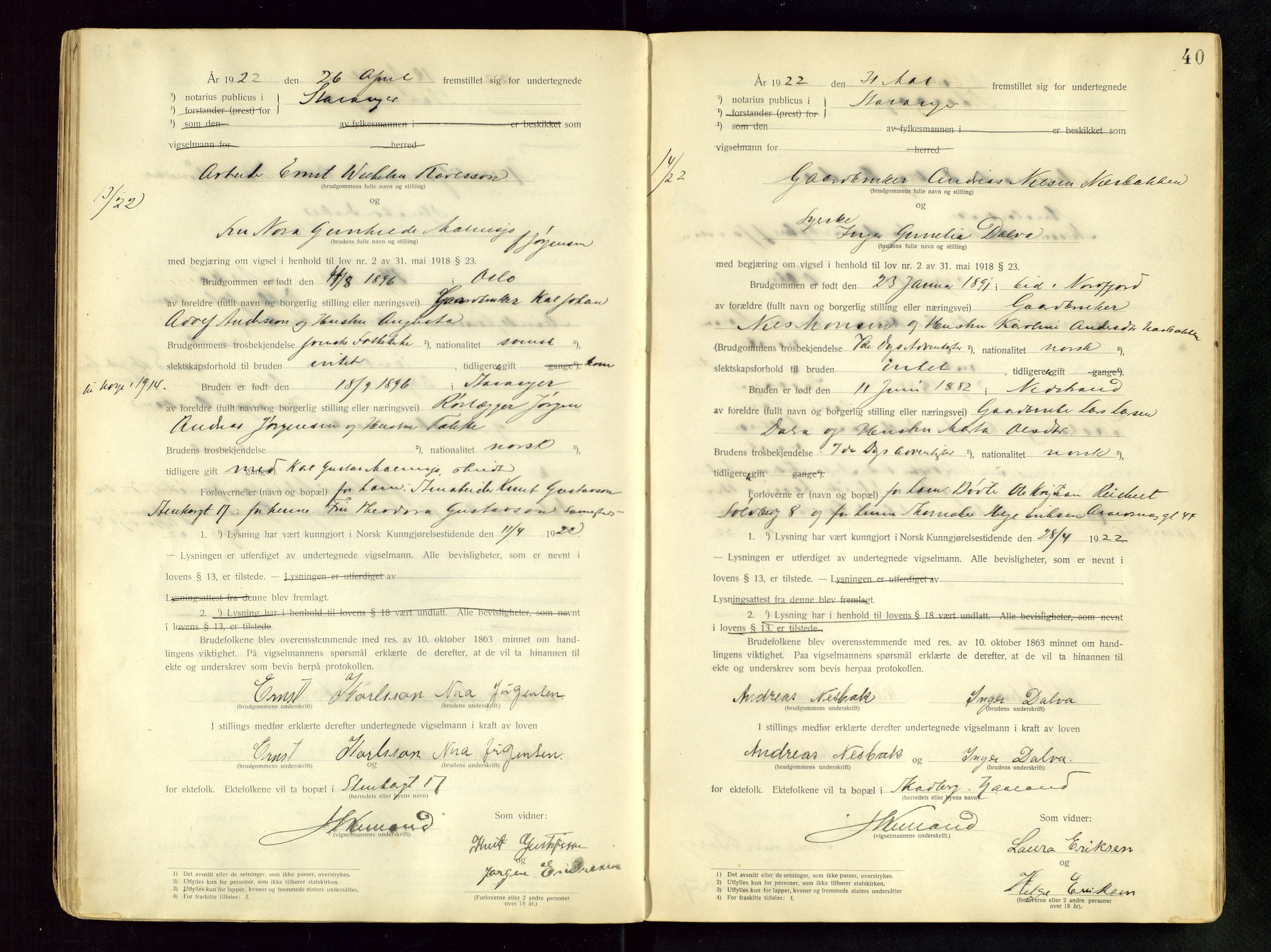 Stavanger byfogd, AV/SAST-A-101408/001/6/62/62BB/L0001: Vigselsprotokoll, 1920-1926, p. 40