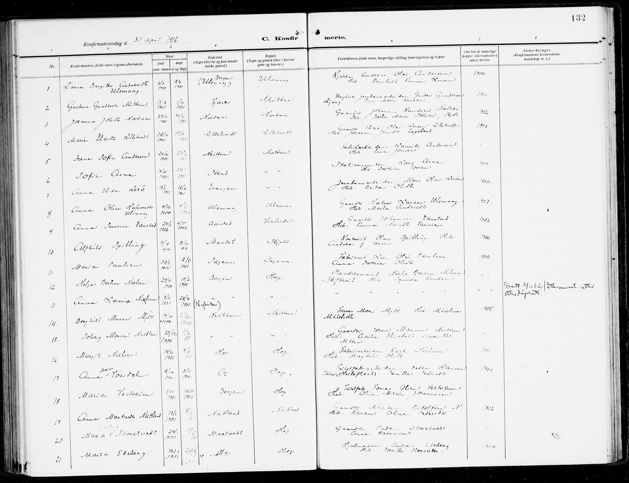 Fana Sokneprestembete, AV/SAB-A-75101/H/Haa/Haai/L0004: Parish register (official) no. I 4, 1912-1933, p. 132