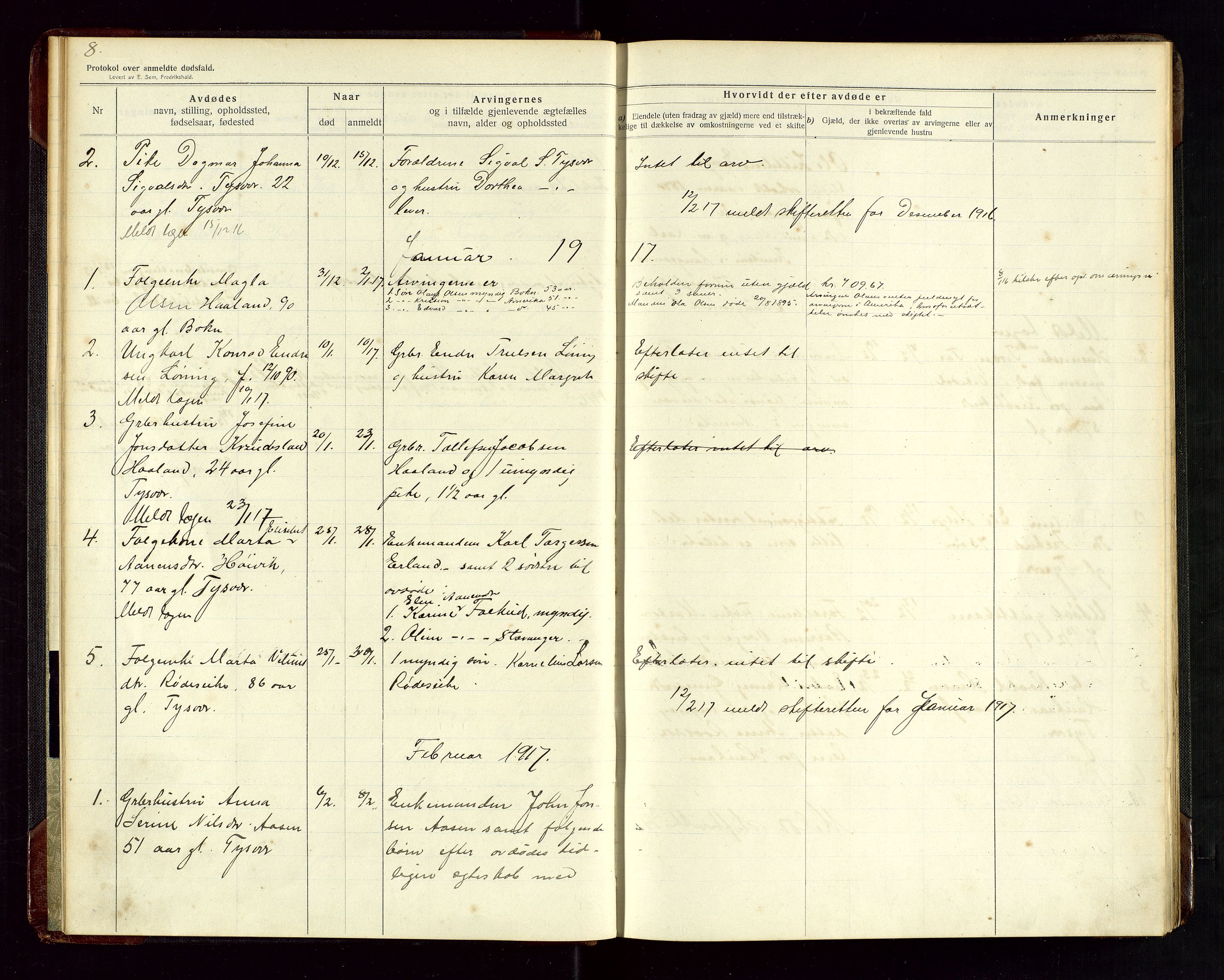 Tysvær lensmannskontor, AV/SAST-A-100192/Gga/L0003: "Protokol over anmeldte dødsfald i Tysvær" med register, 1916-1926, p. 8