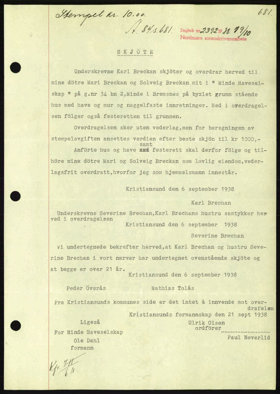 Nordmøre sorenskriveri, AV/SAT-A-4132/1/2/2Ca: Mortgage book no. A84, 1938-1938, Diary no: : 2392/1938