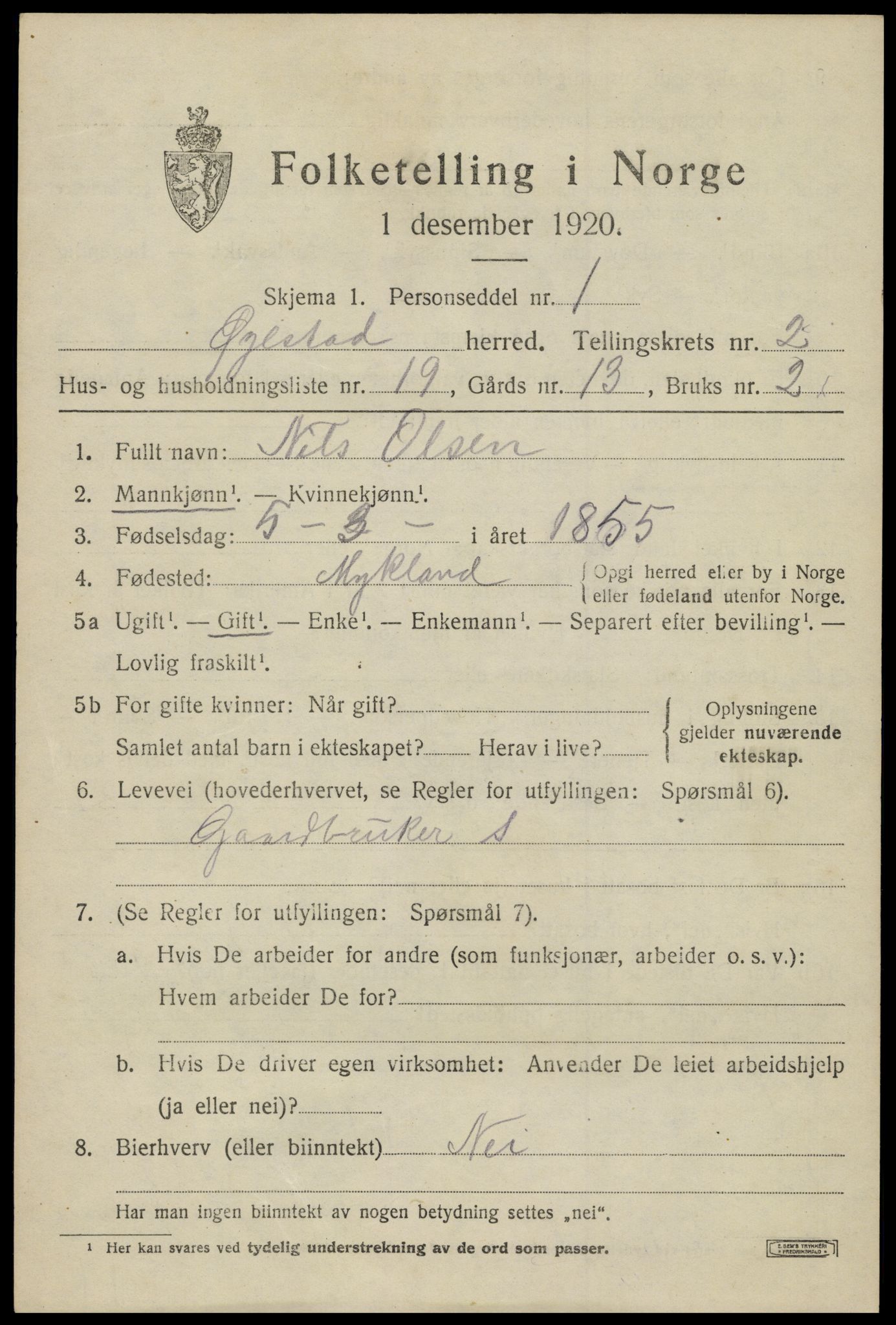 SAK, 1920 census for Øyestad, 1920, p. 2486