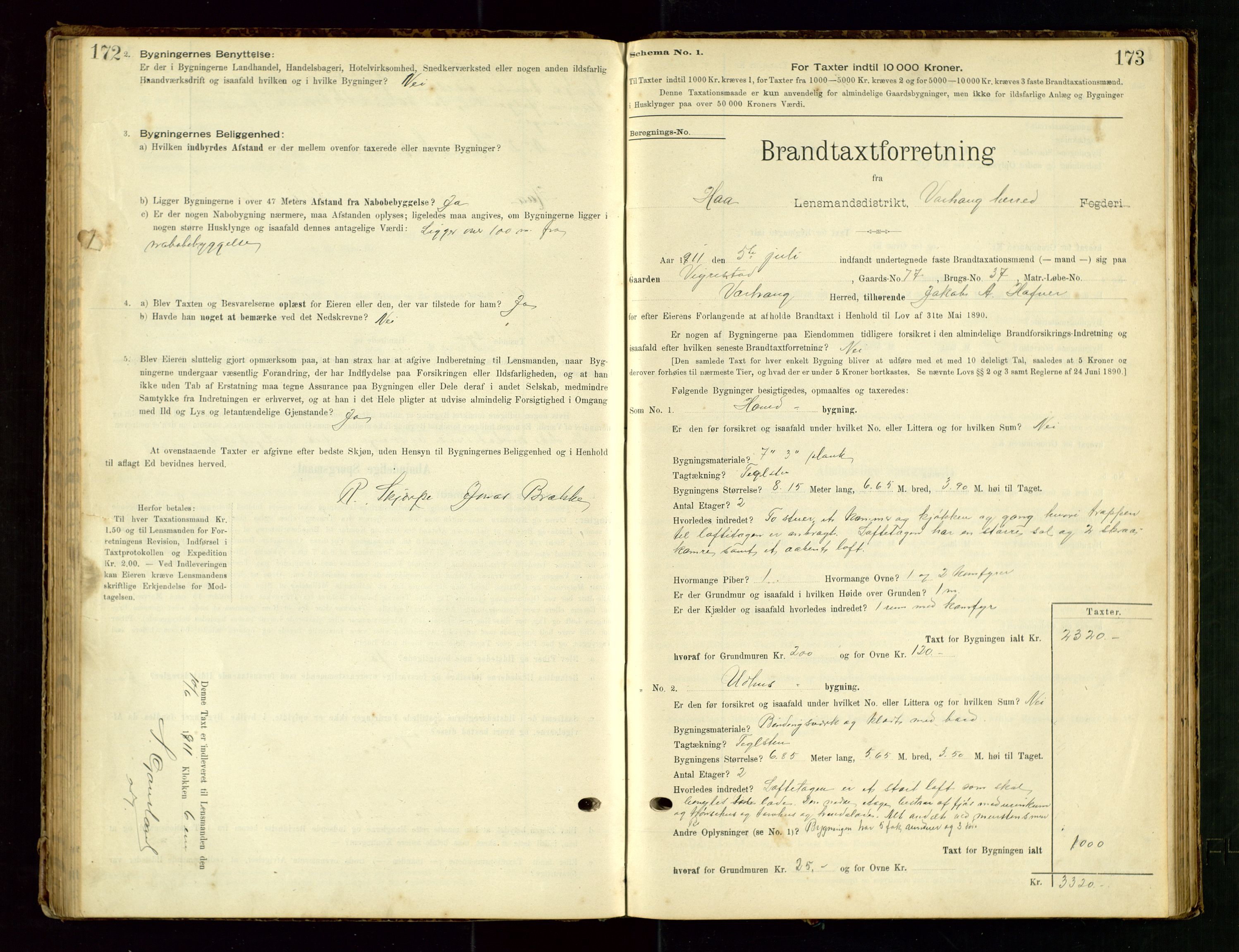 Hå lensmannskontor, SAST/A-100456/Goa/L0003: Takstprotokoll (skjema), 1895-1911, p. 172-173