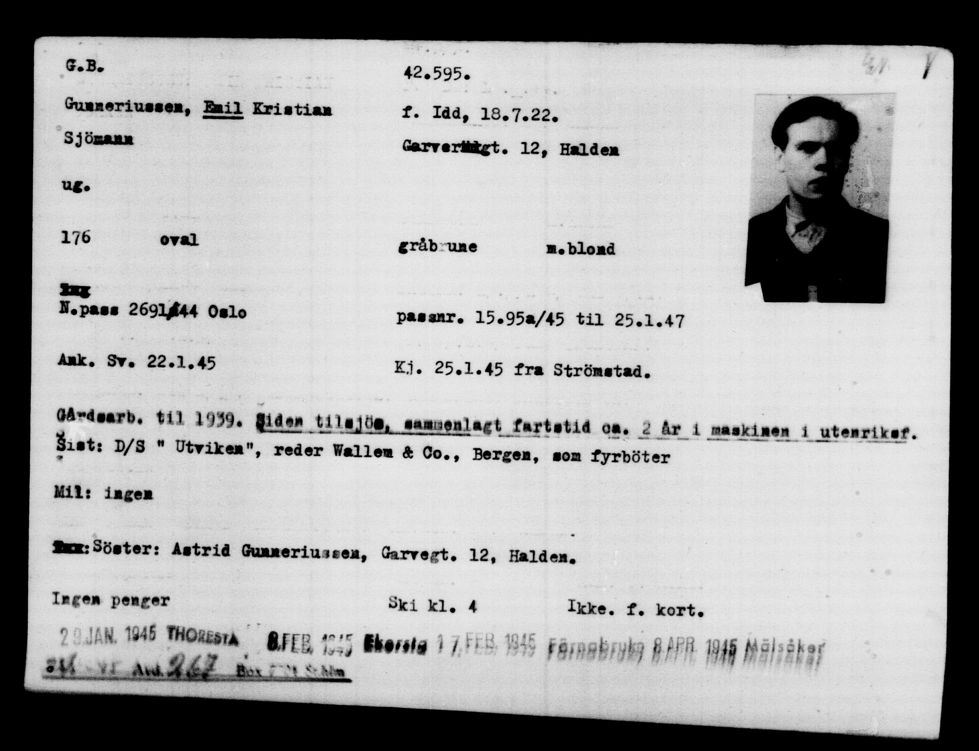 Utenriksstasjonene, Legasjonen i Stockholm, Flyktningkontoret, AV/RA-S-6753/V/Va/L0016: Kjesäterkartoteket, flyktninger med registreringsnr. 40700-43479, 1940-1945, p. 1969