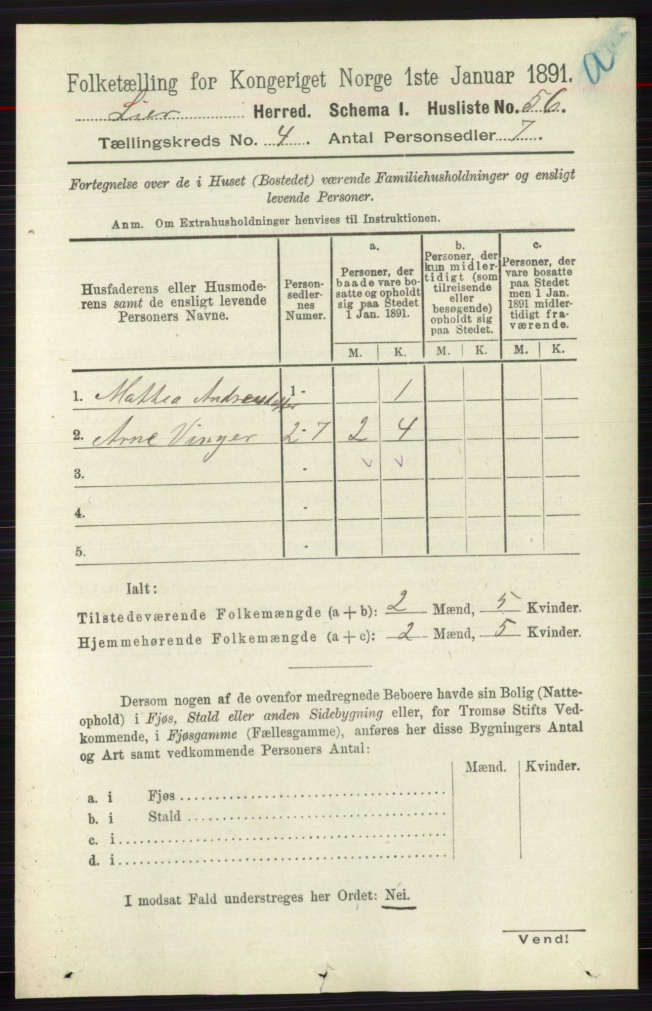 RA, 1891 census for 0626 Lier, 1891, p. 2862