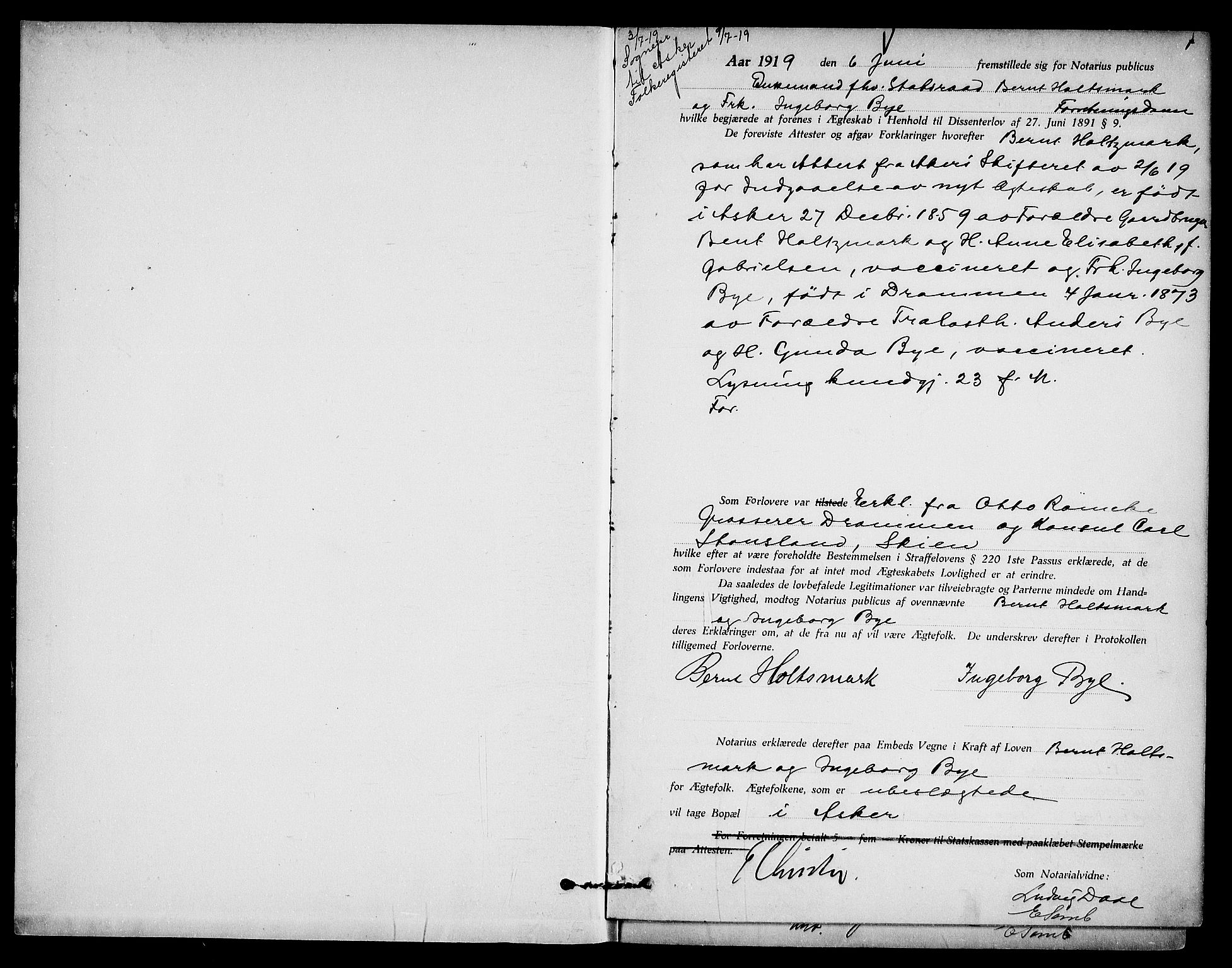 Oslo byfogd avd. I, AV/SAO-A-10220/L/Lb/Lbb/L0013: Notarialprotokoll, rekke II: Vigsler, 1919-1920, p. 1
