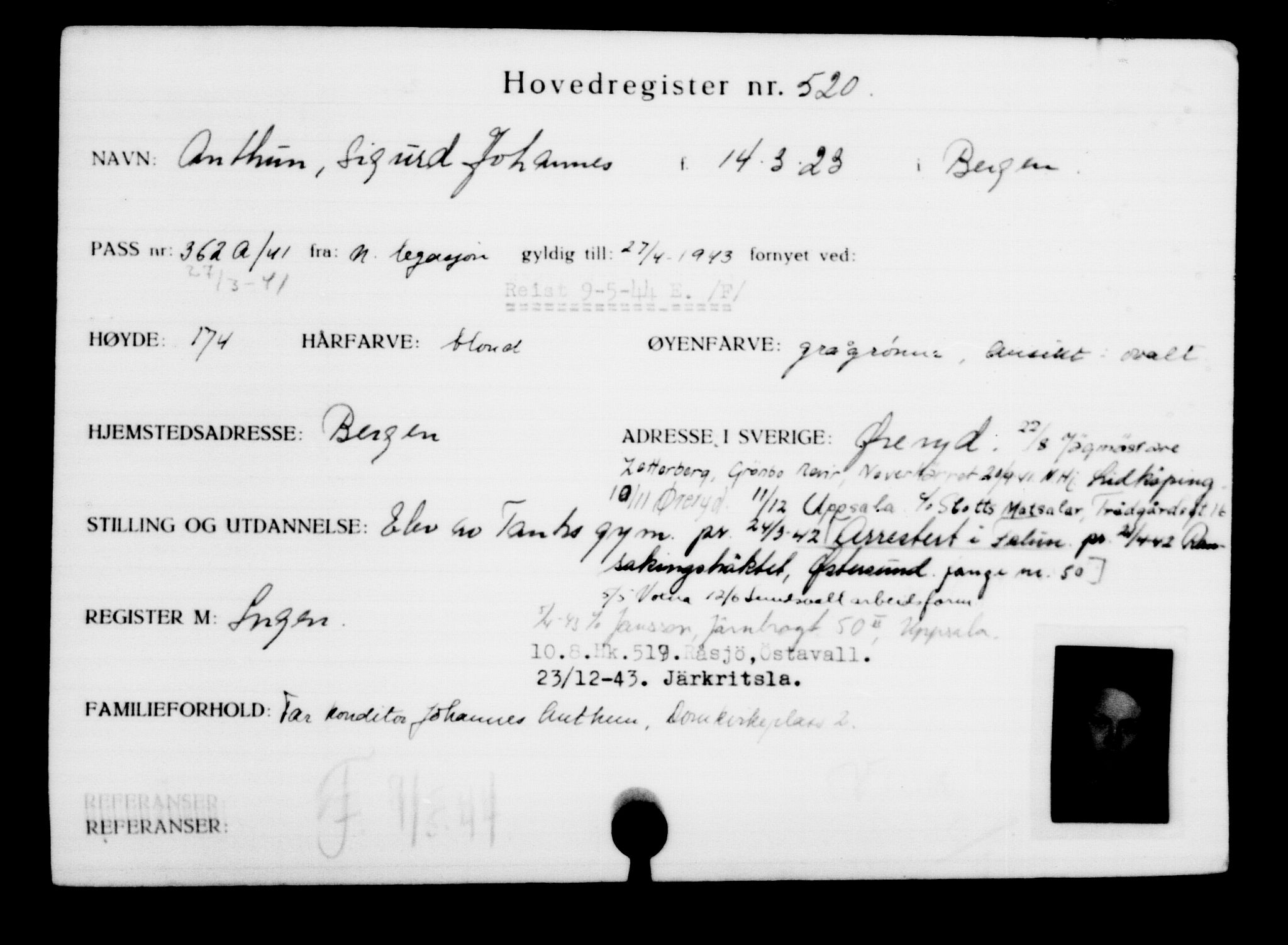 Utenriksstasjonene, Legasjonen i Stockholm, Flyktningkontoret, AV/RA-S-6753/V/Va/L0001: Kjesäterkartoteket, flyktninger med registreringsnr. 1-1000, 1940-1945, p. 803