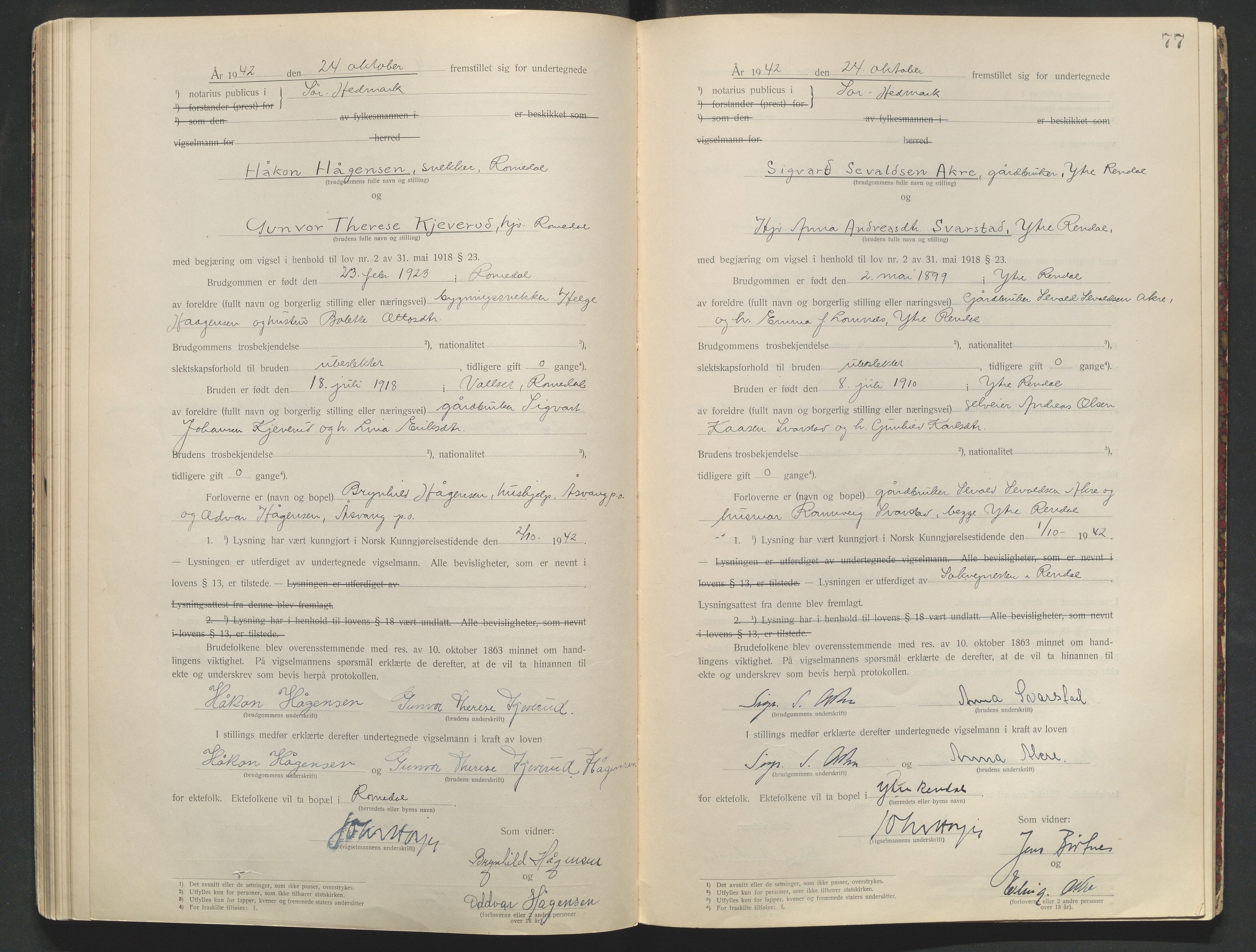 Sør-Hedmark sorenskriveri, AV/SAH-TING-014/L/Le/L0001/0002: Vigselbøker / Vigselbok, 1938-1942, p. 77