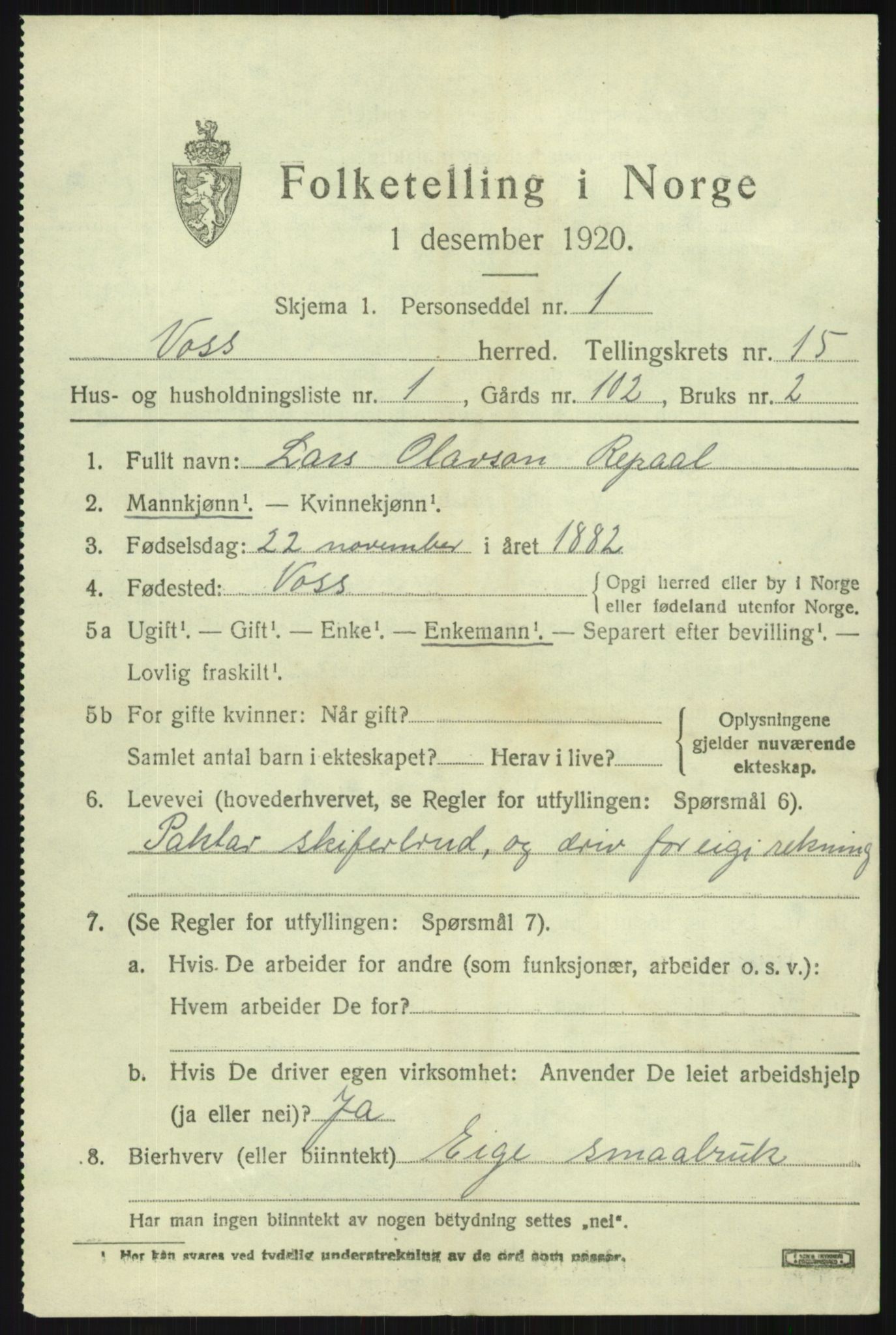SAB, 1920 census for Voss, 1920, p. 12497