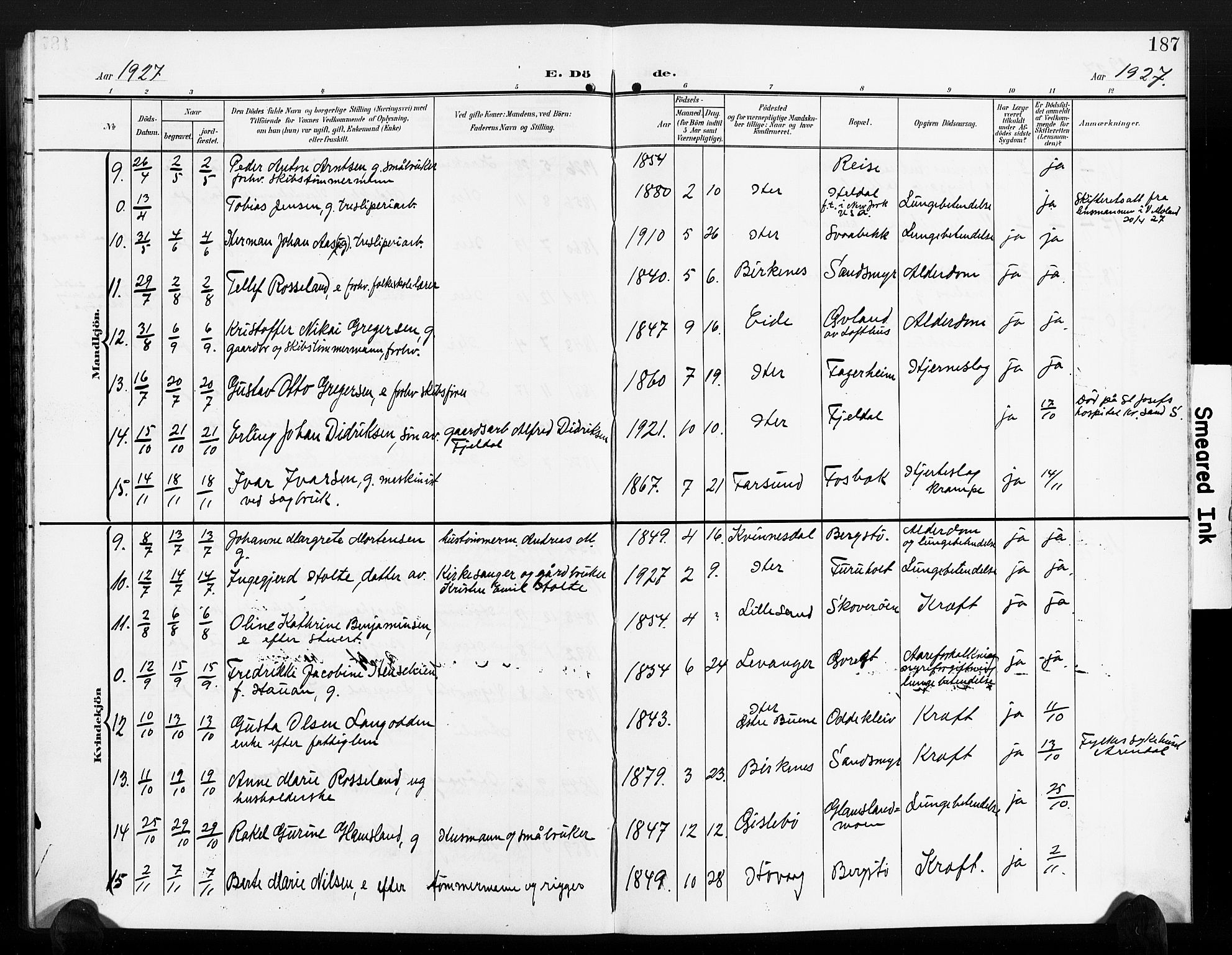 Vestre Moland sokneprestkontor, SAK/1111-0046/F/Fb/Fbb/L0007: Parish register (copy) no. B 7, 1906-1929, p. 187