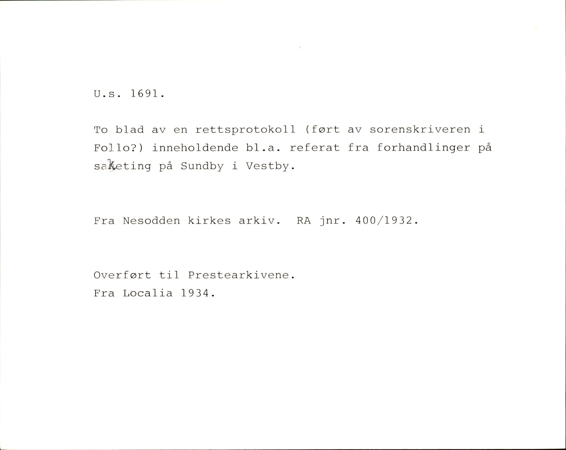 Riksarkivets diplomsamling, AV/RA-EA-5965/F35/F35k/L0001: Regestsedler: Prestearkiver fra Østfold og Akershus, p. 179