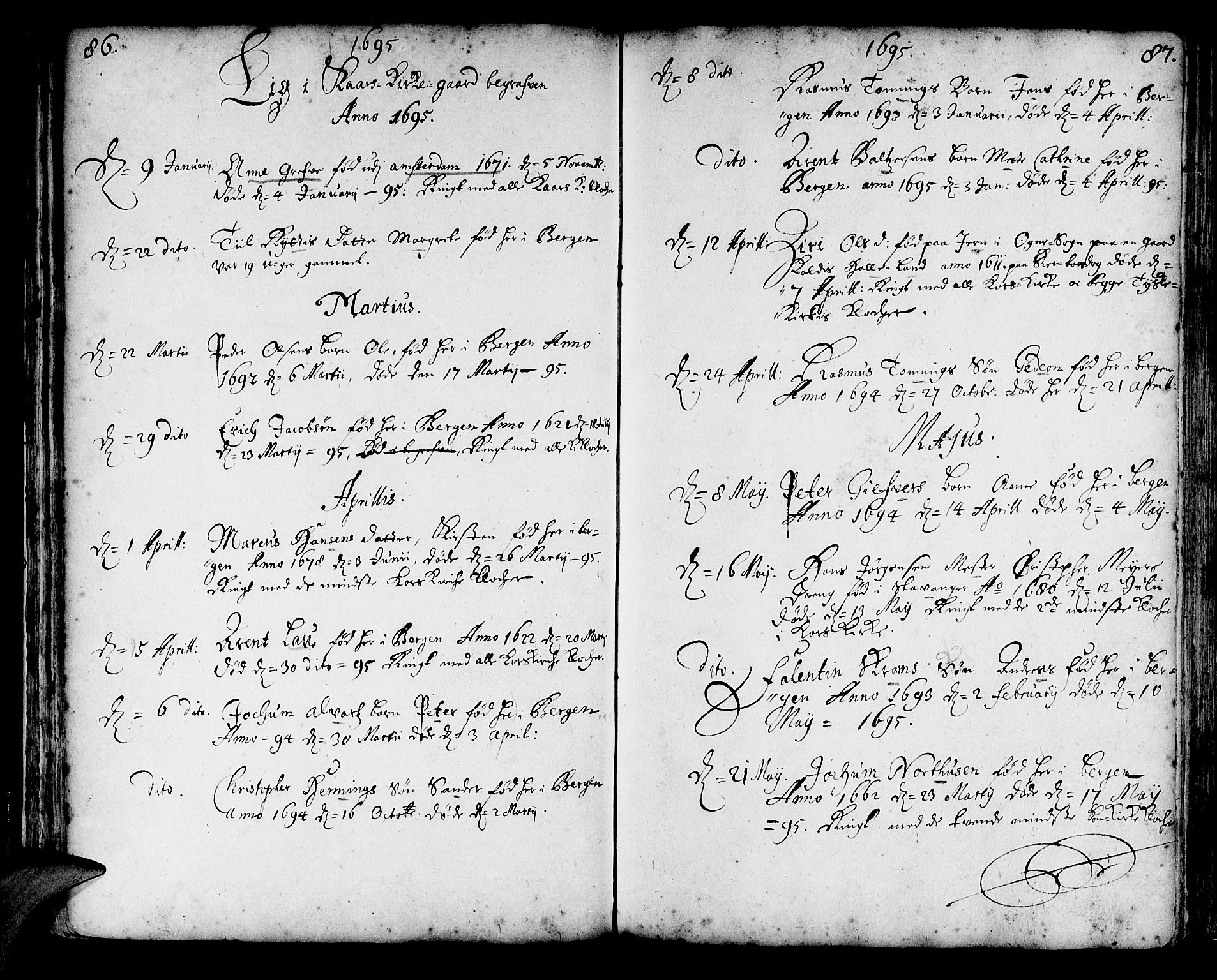 Korskirken sokneprestembete, SAB/A-76101/H/Haa/L0010: Parish register (official) no. A 10, 1688-1703, p. 86-87