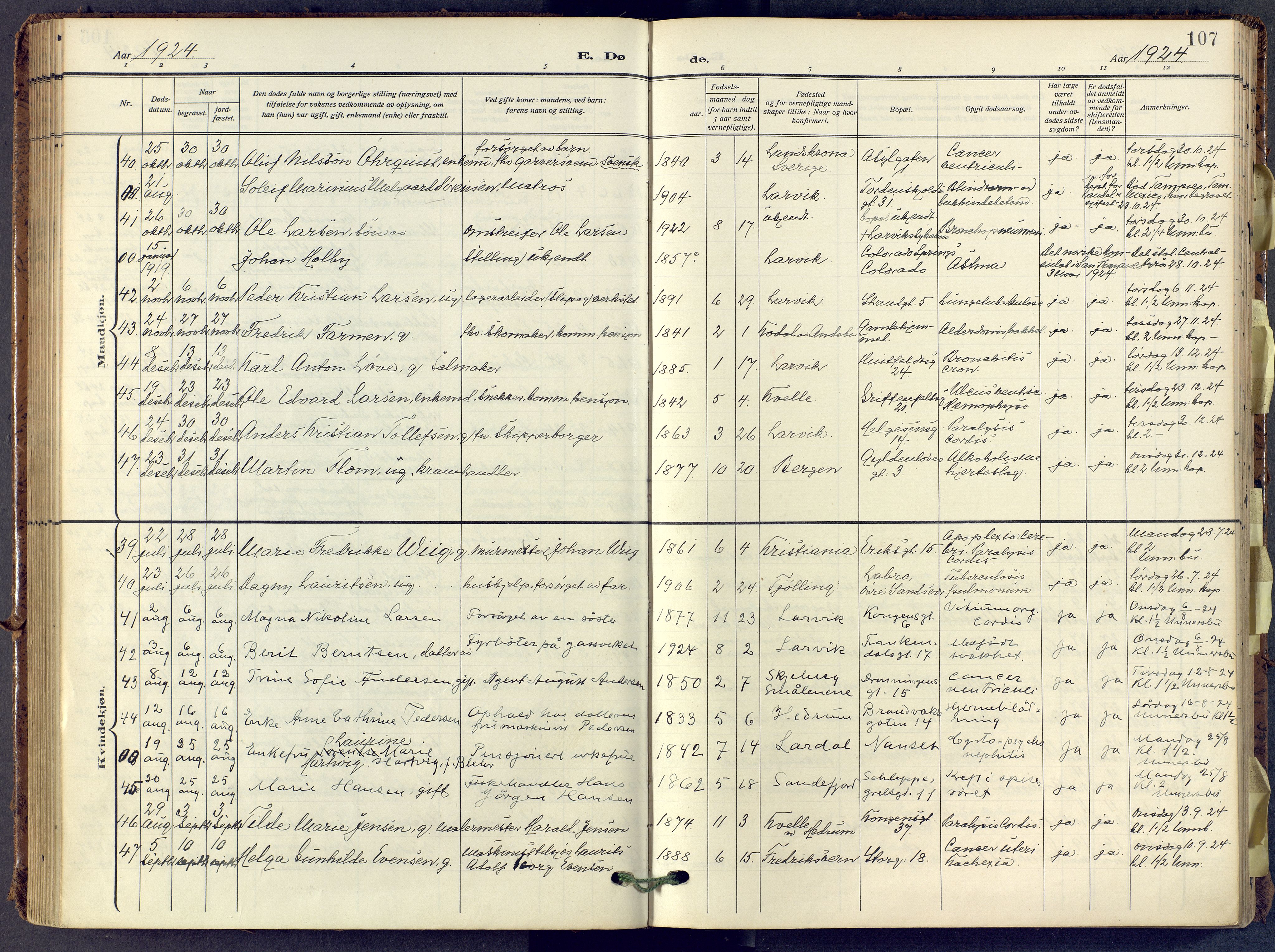 Larvik kirkebøker, AV/SAKO-A-352/F/Fa/L0013: Parish register (official) no. I 13, 1910-1960, p. 107