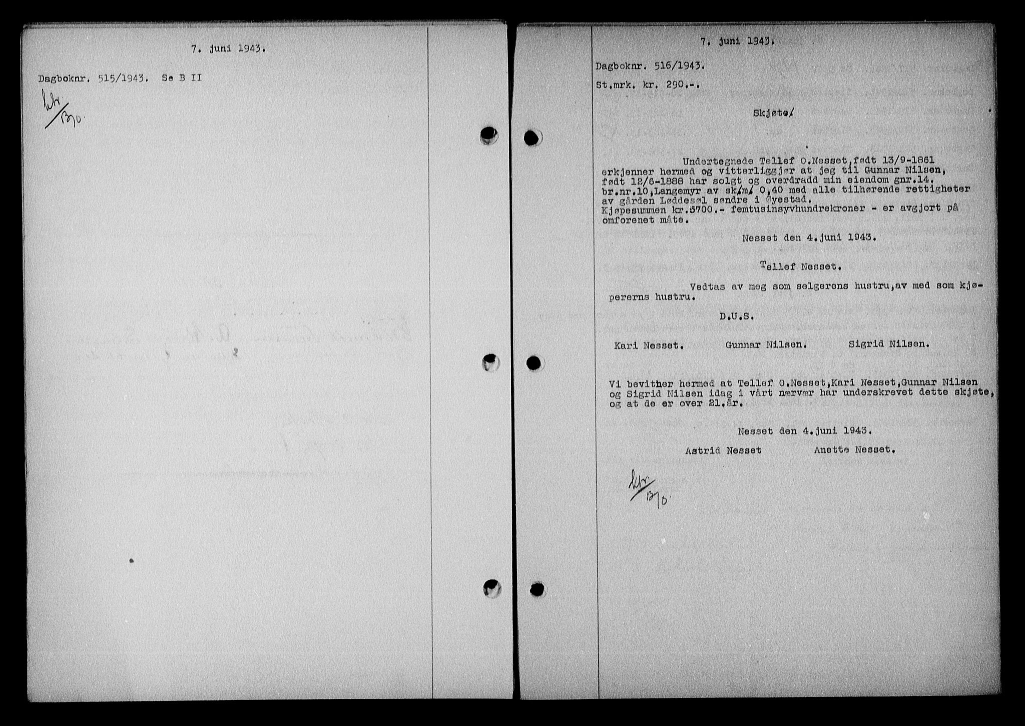 Nedenes sorenskriveri, SAK/1221-0006/G/Gb/Gba/L0050: Mortgage book no. A-IV, 1942-1943, Diary no: : 516/1943