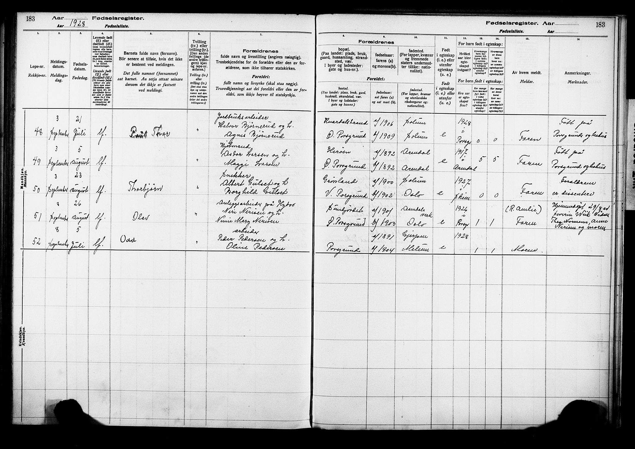 Porsgrunn kirkebøker , AV/SAKO-A-104/J/Ja/L0001: Birth register no. 1, 1916-1929, p. 183