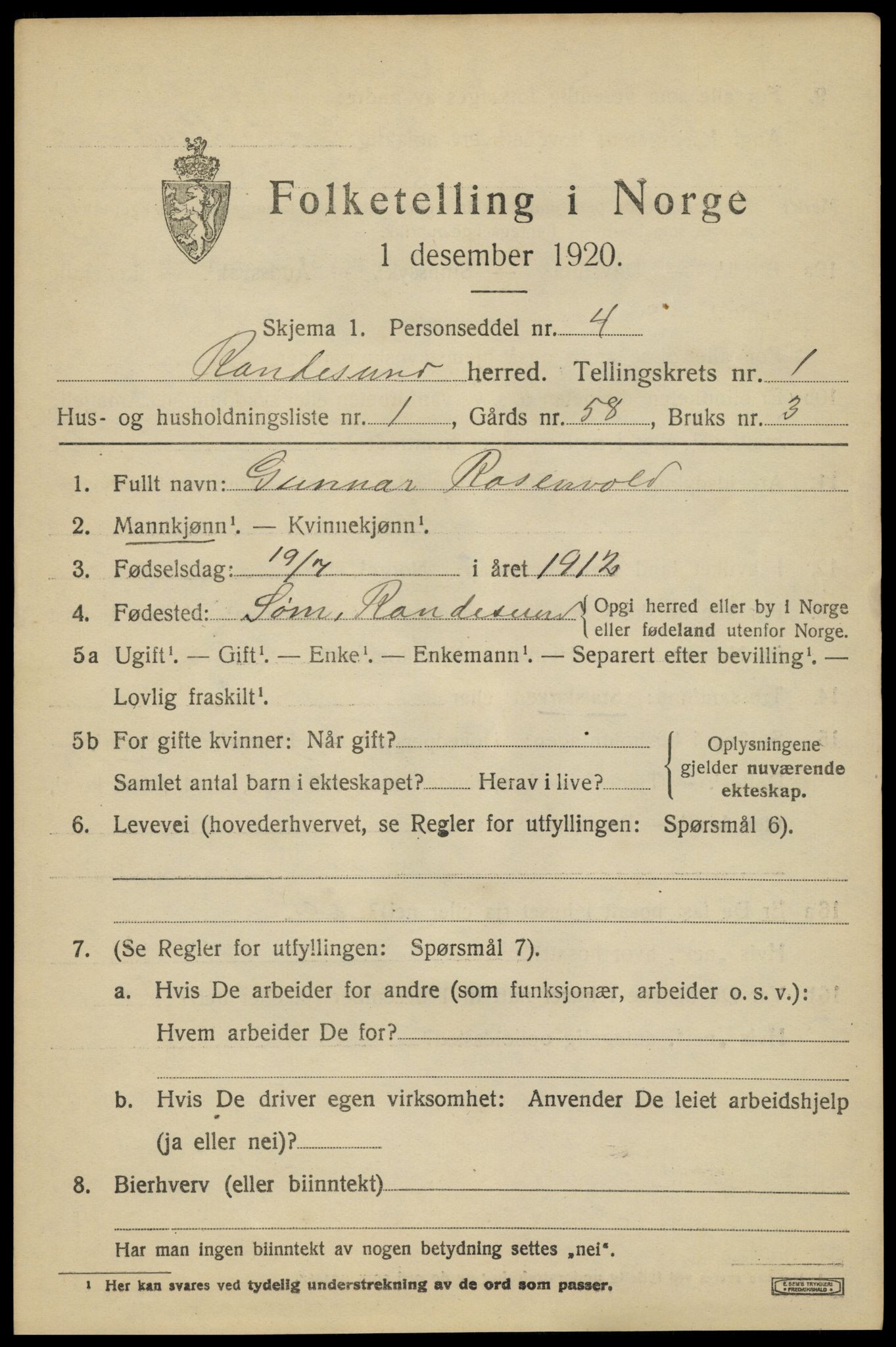 SAK, 1920 census for Randesund, 1920, p. 590