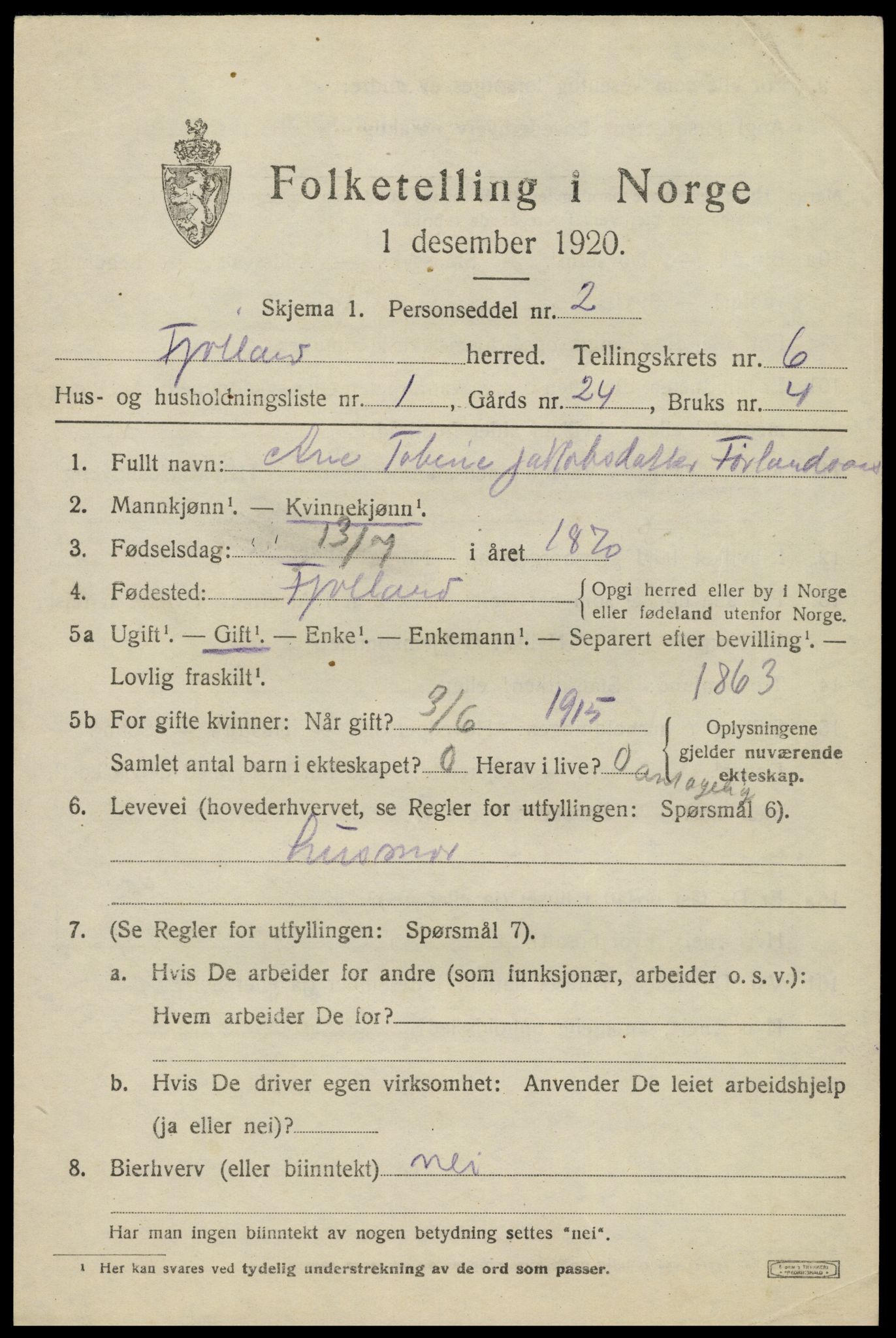 SAK, 1920 census for Fjotland, 1920, p. 1608