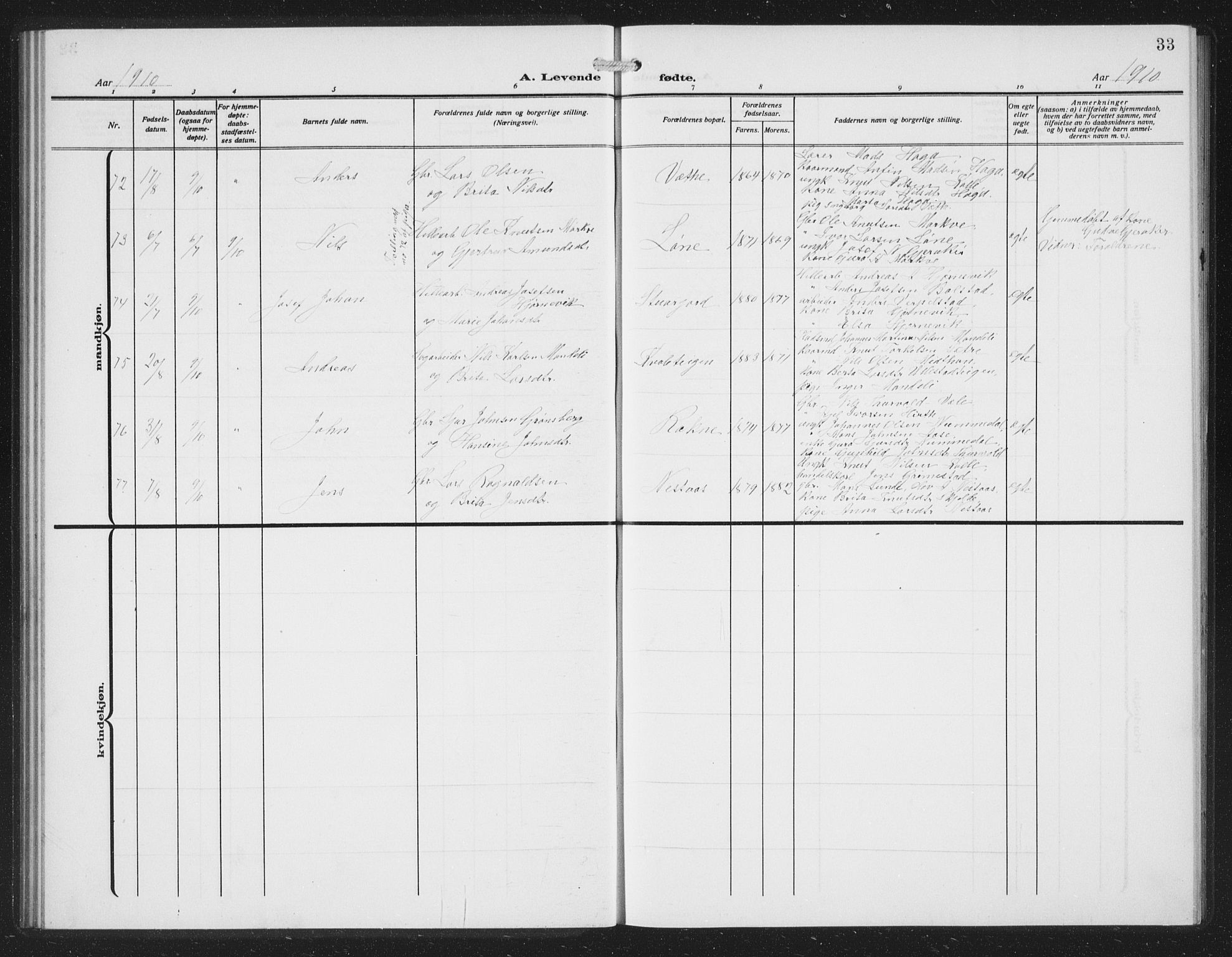 Voss sokneprestembete, AV/SAB-A-79001/H/Hab: Parish register (copy) no. C 3, 1909-1920, p. 33