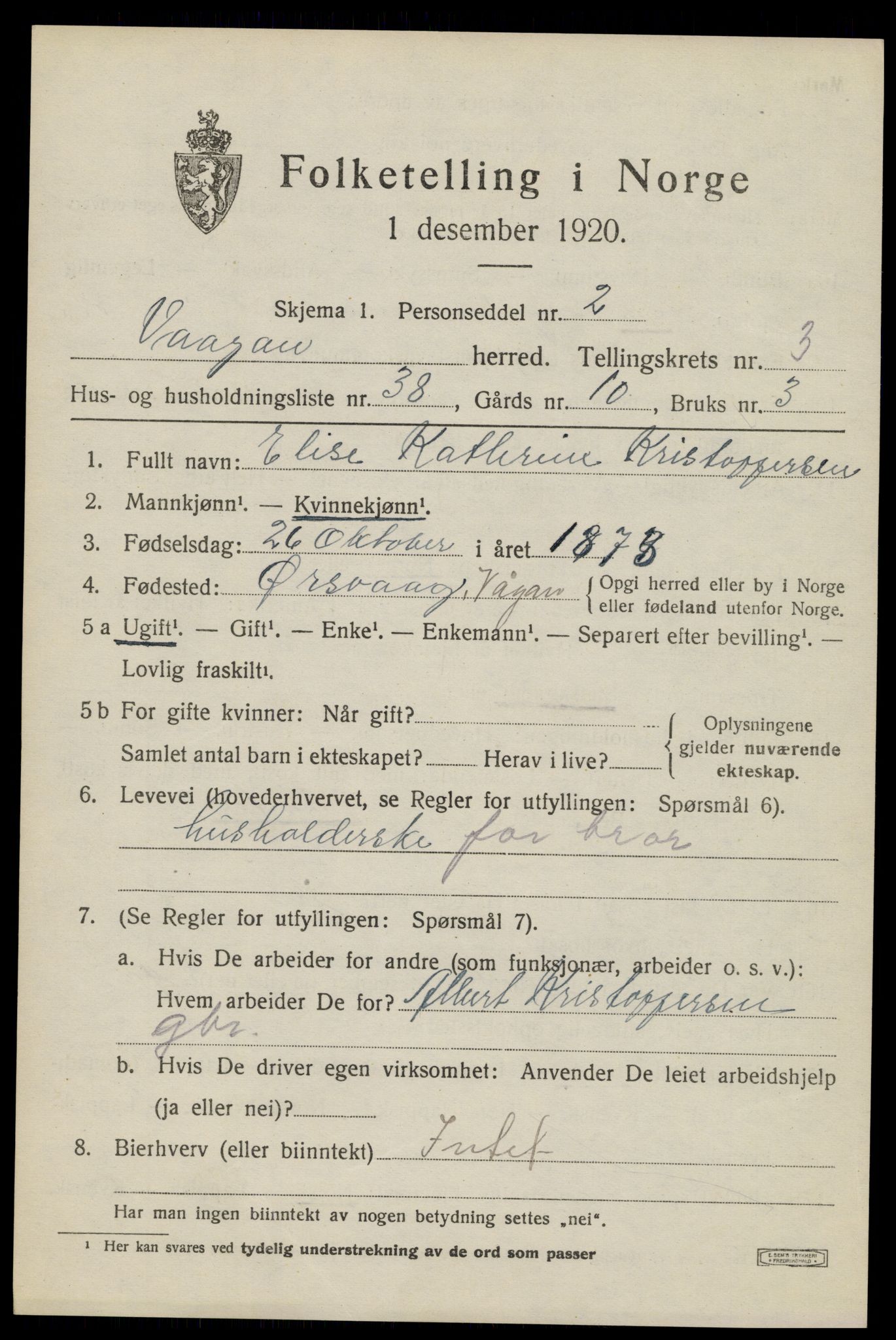 SAT, 1920 census for Vågan, 1920, p. 3037