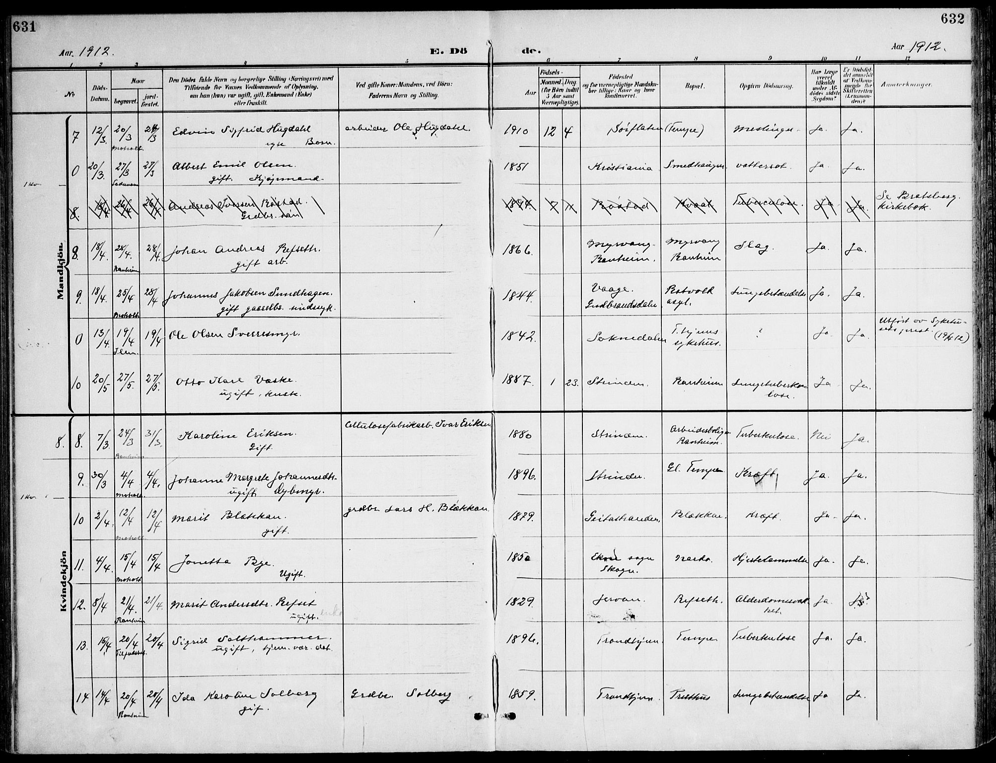 Ministerialprotokoller, klokkerbøker og fødselsregistre - Sør-Trøndelag, AV/SAT-A-1456/607/L0320: Parish register (official) no. 607A04, 1907-1915, p. 631-632