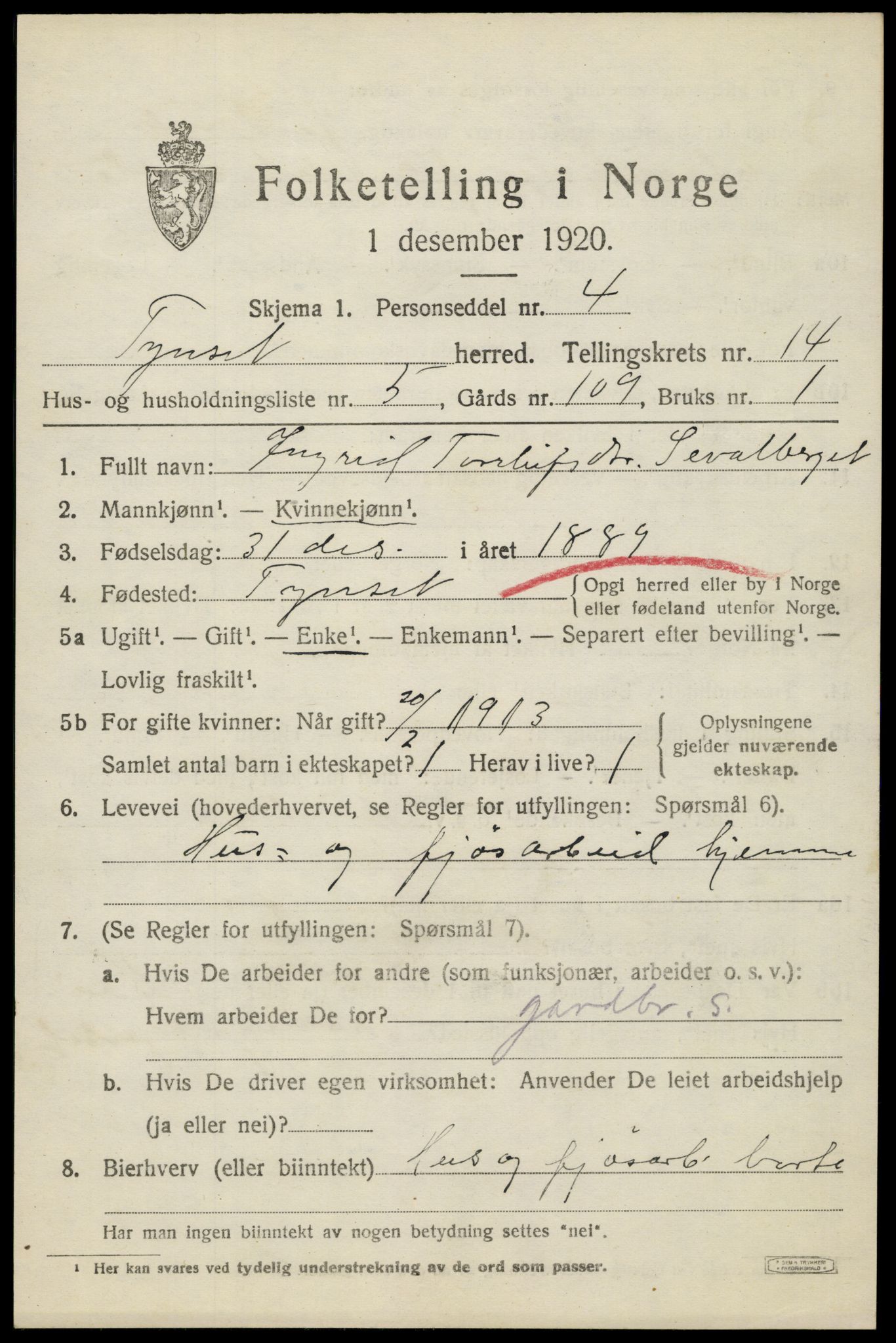 SAH, 1920 census for Tynset, 1920, p. 8974