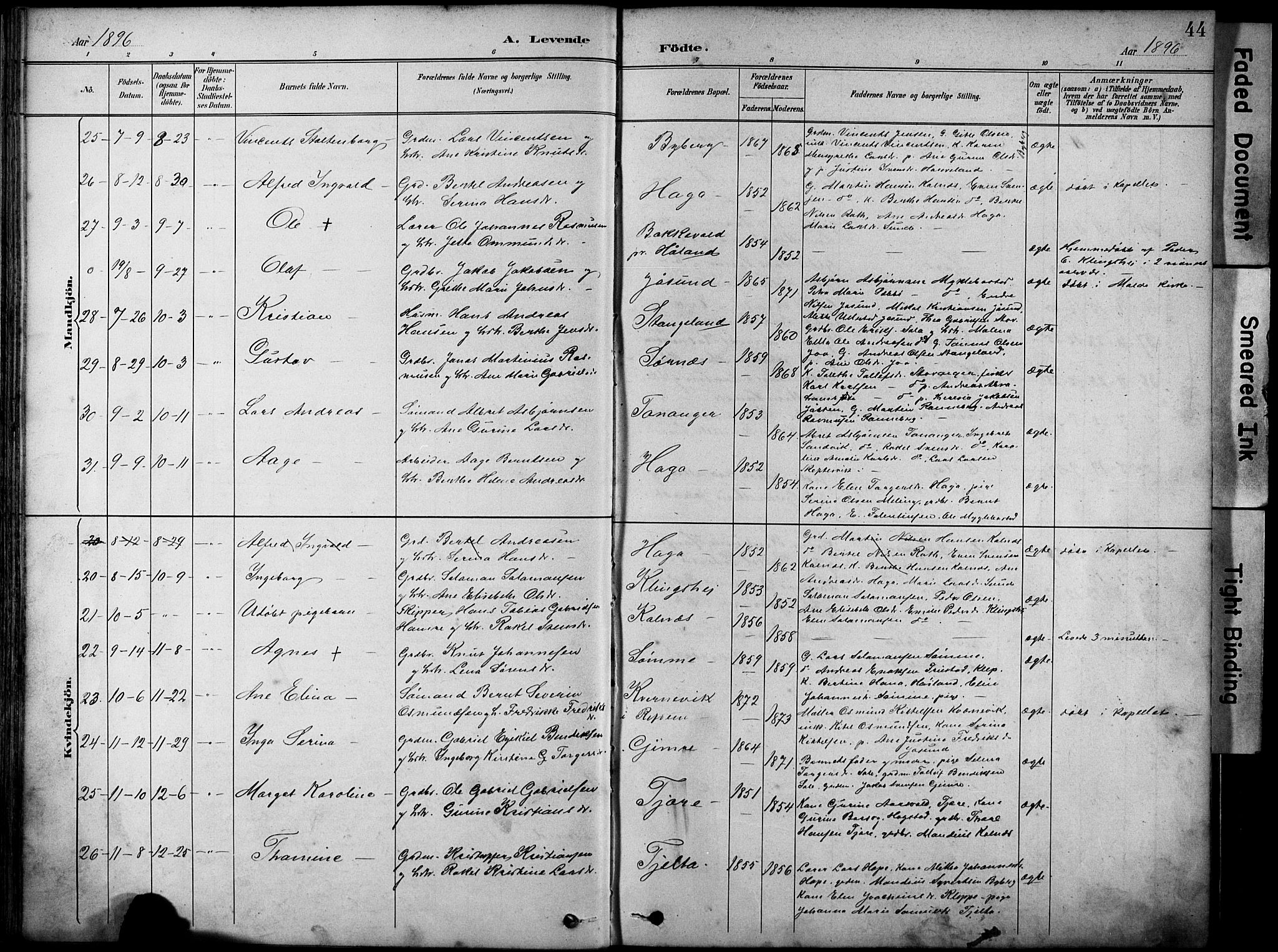 Håland sokneprestkontor, AV/SAST-A-101802/001/30BA/L0012: Parish register (official) no. A 11, 1889-1900, p. 44