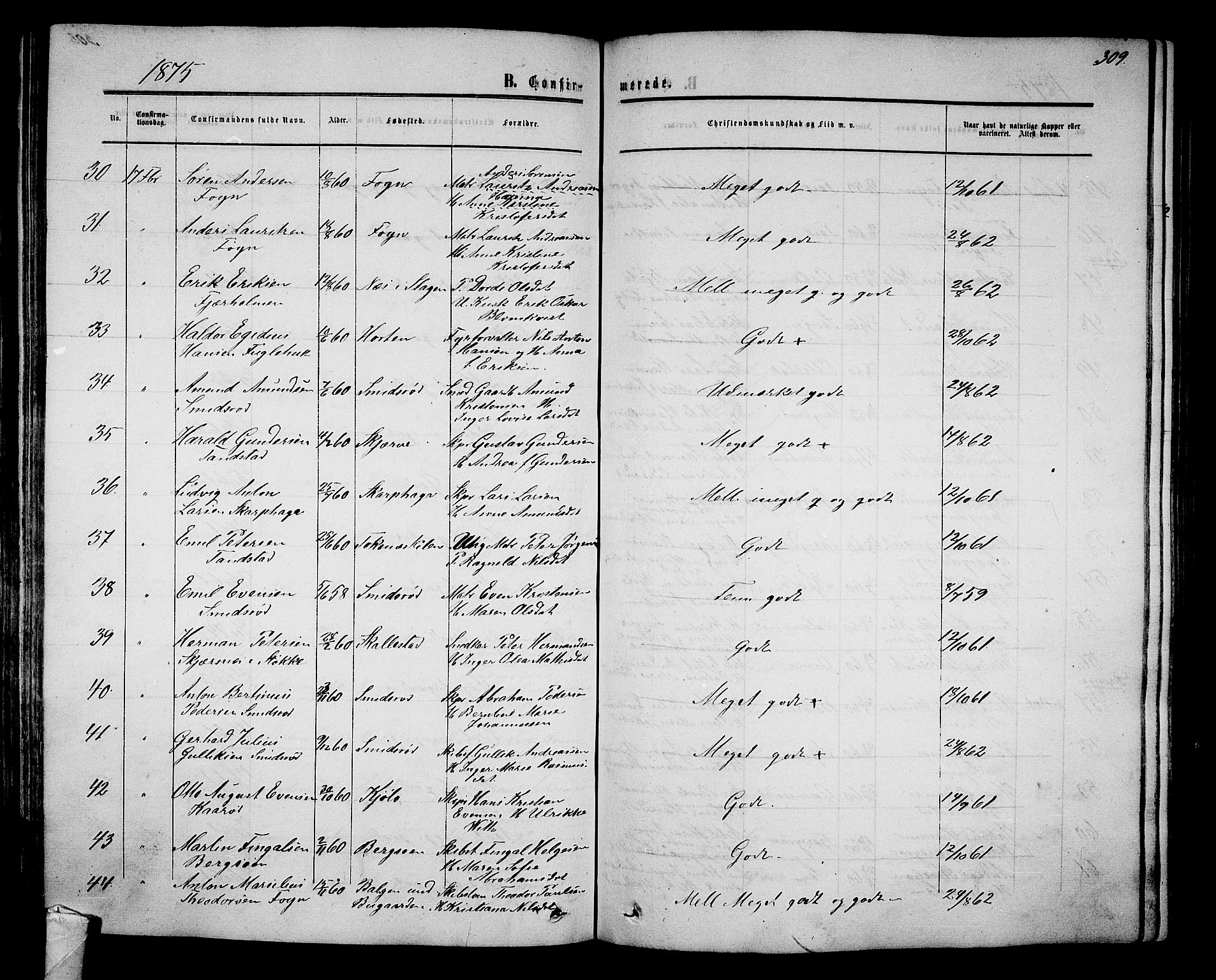 Nøtterøy kirkebøker, SAKO/A-354/G/Ga/L0002: Parish register (copy) no. I 2, 1860-1877, p. 309