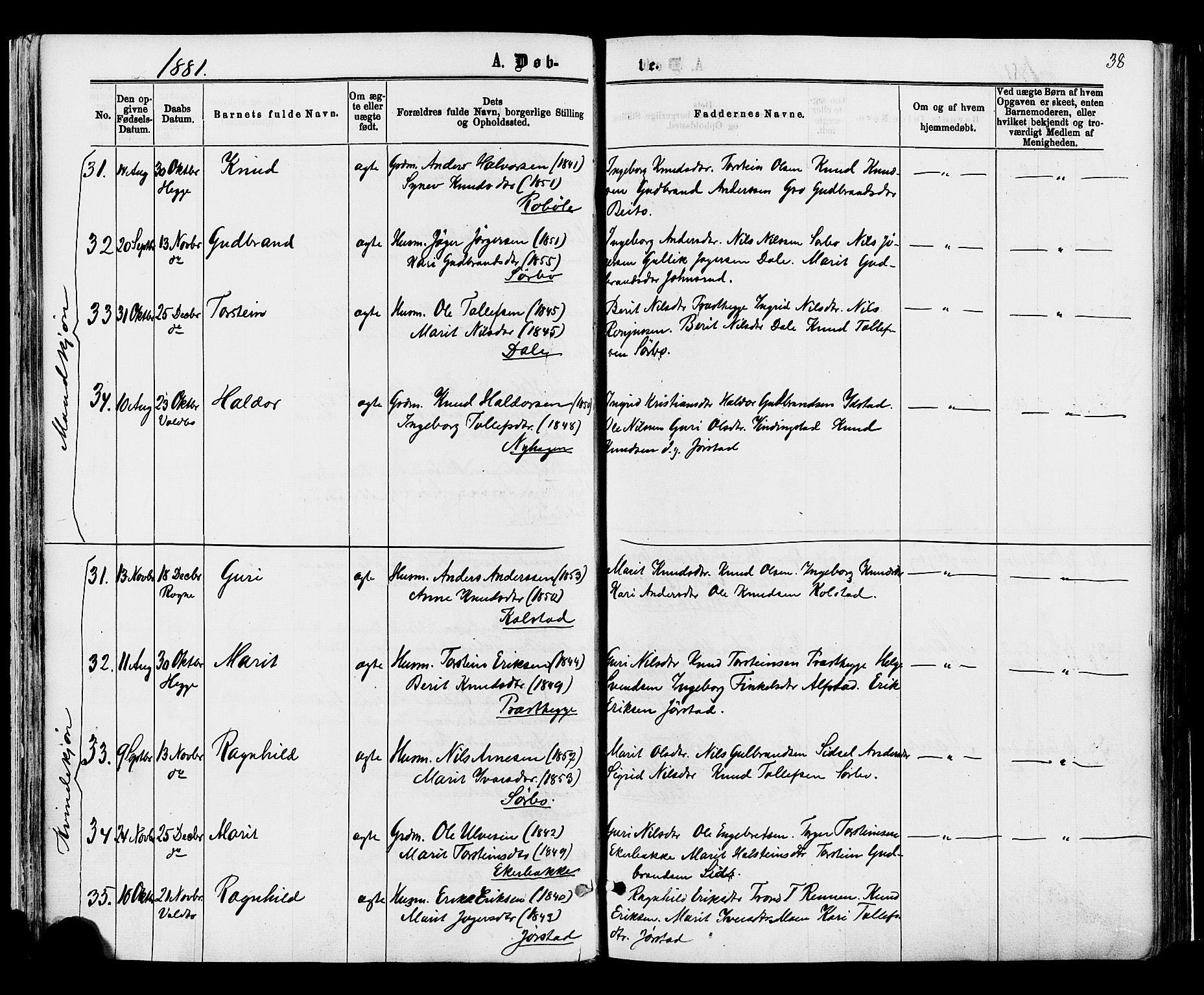 Øystre Slidre prestekontor, AV/SAH-PREST-138/H/Ha/Haa/L0002: Parish register (official) no. 2, 1874-1886, p. 38