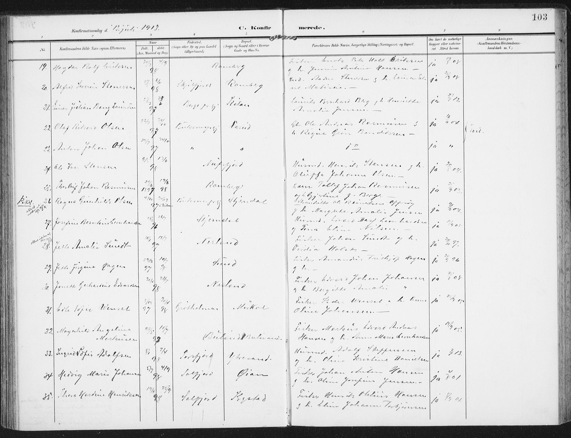Ministerialprotokoller, klokkerbøker og fødselsregistre - Nordland, SAT/A-1459/885/L1206: Parish register (official) no. 885A07, 1905-1915, p. 103