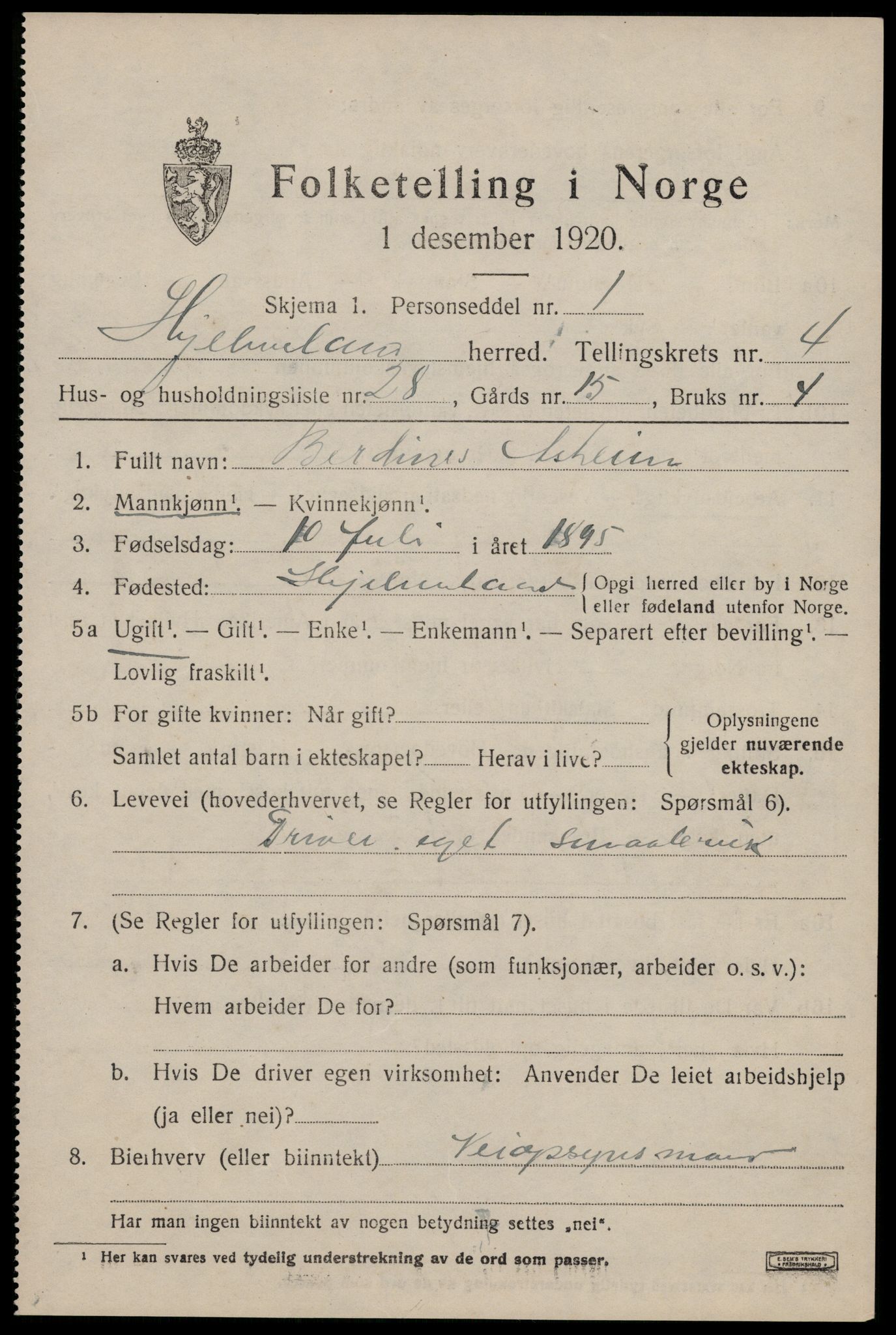 SAST, 1920 census for Hjelmeland, 1920, p. 1797