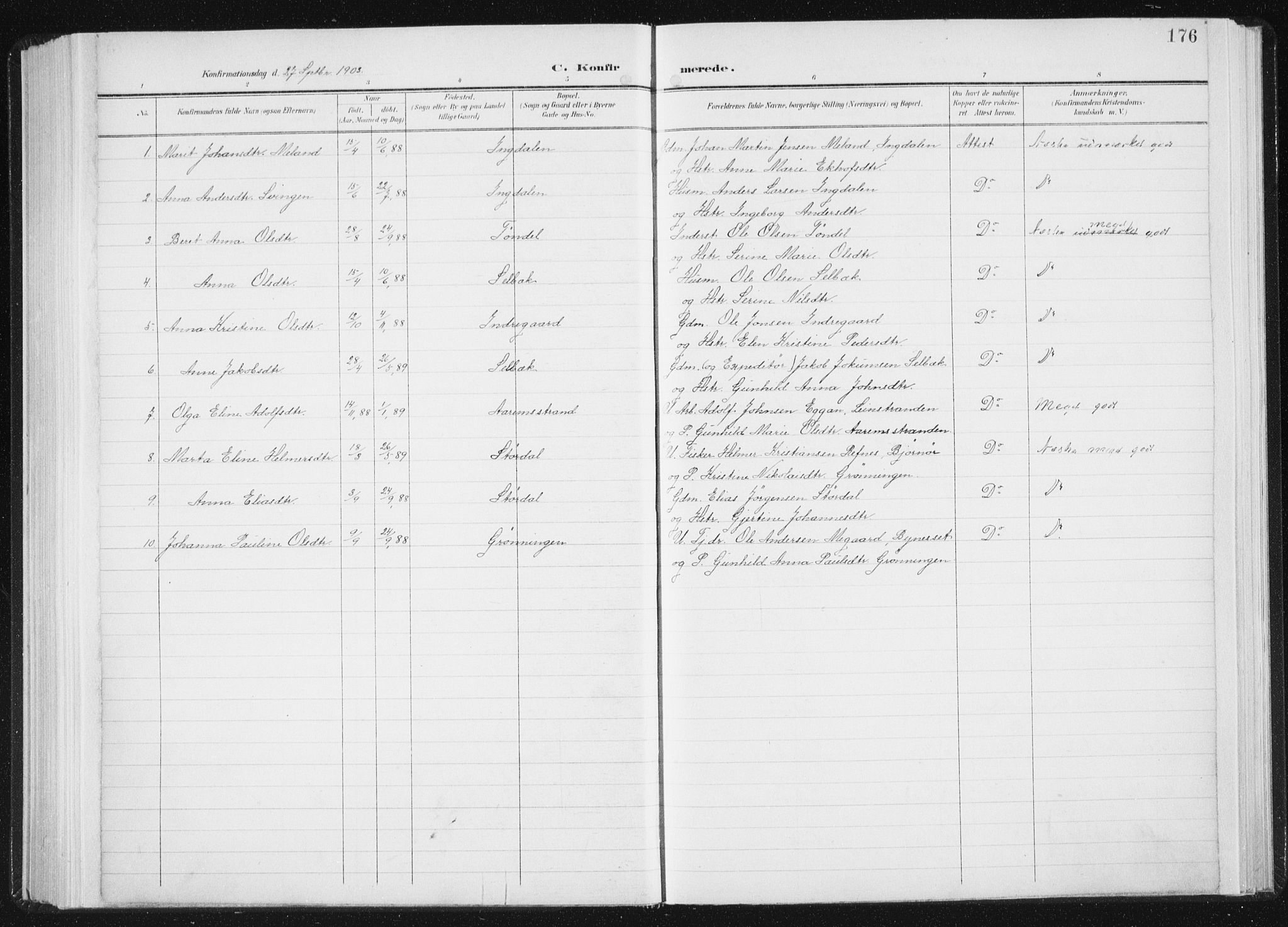 Ministerialprotokoller, klokkerbøker og fødselsregistre - Sør-Trøndelag, AV/SAT-A-1456/647/L0635: Parish register (official) no. 647A02, 1896-1911, p. 176